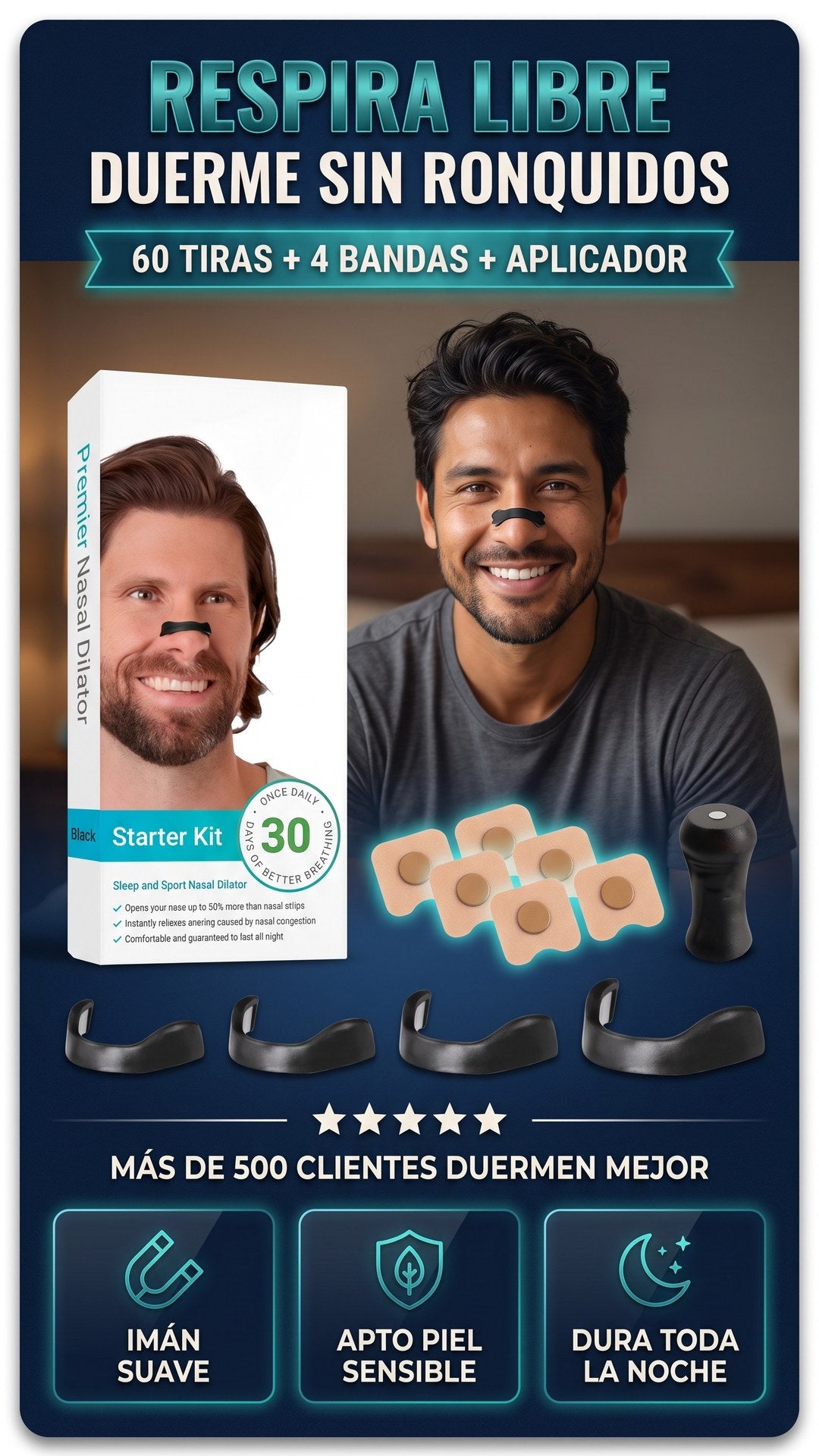 Hombre usando el dilatador nasal magnético Premier Nasal Dilator, tira negra puesta en el puente de la nariz, sonriendo