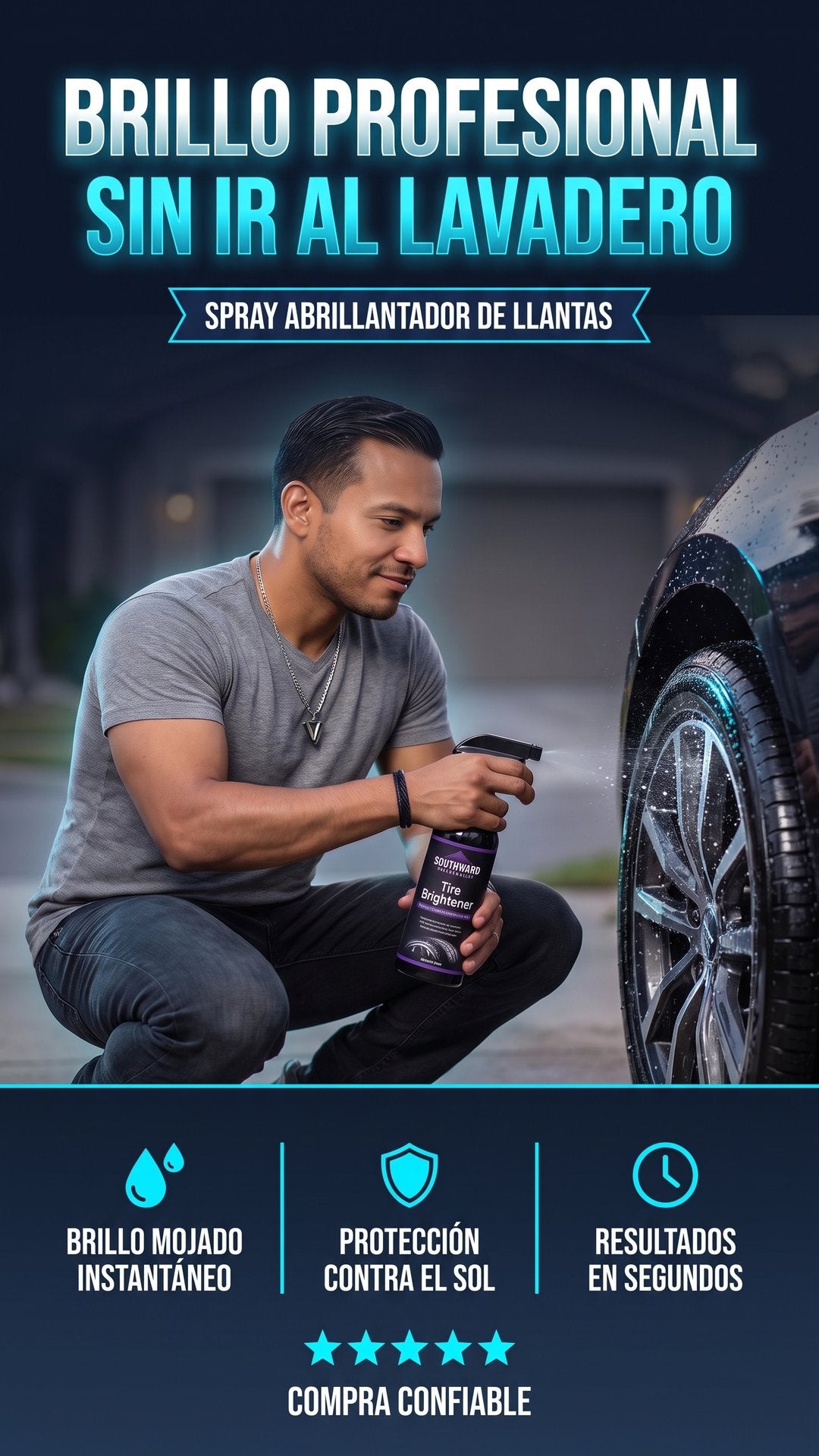 Hombre aplicando spray abrillantador de llantas Tire Brightener en la llanta de su auto, brillo mojado instantáneo