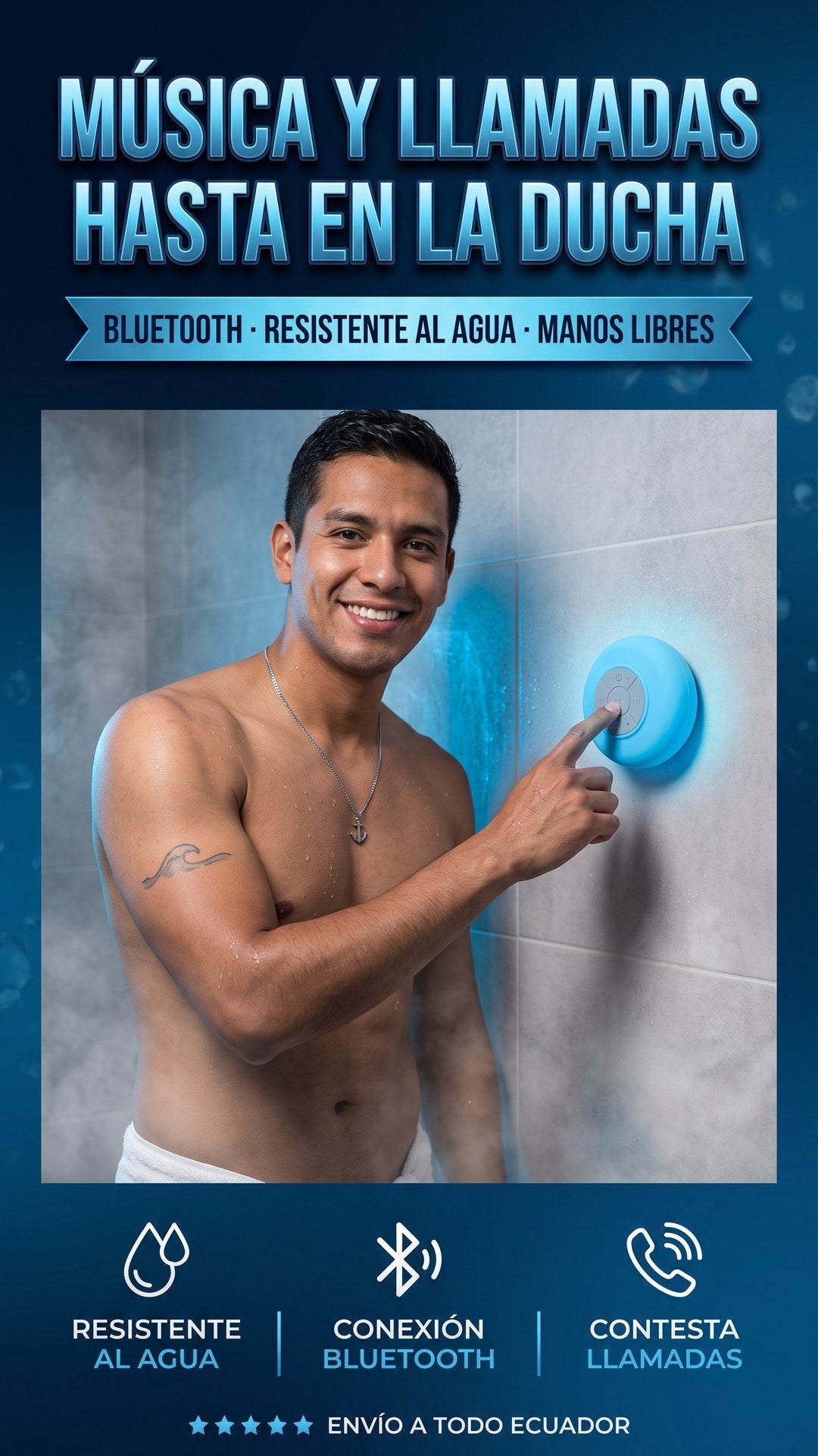 Hombre usando el parlante Bluetooth AquaBeat pegado a la pared de la ducha mientras se baña, sección hero resistente al agua y manos libres