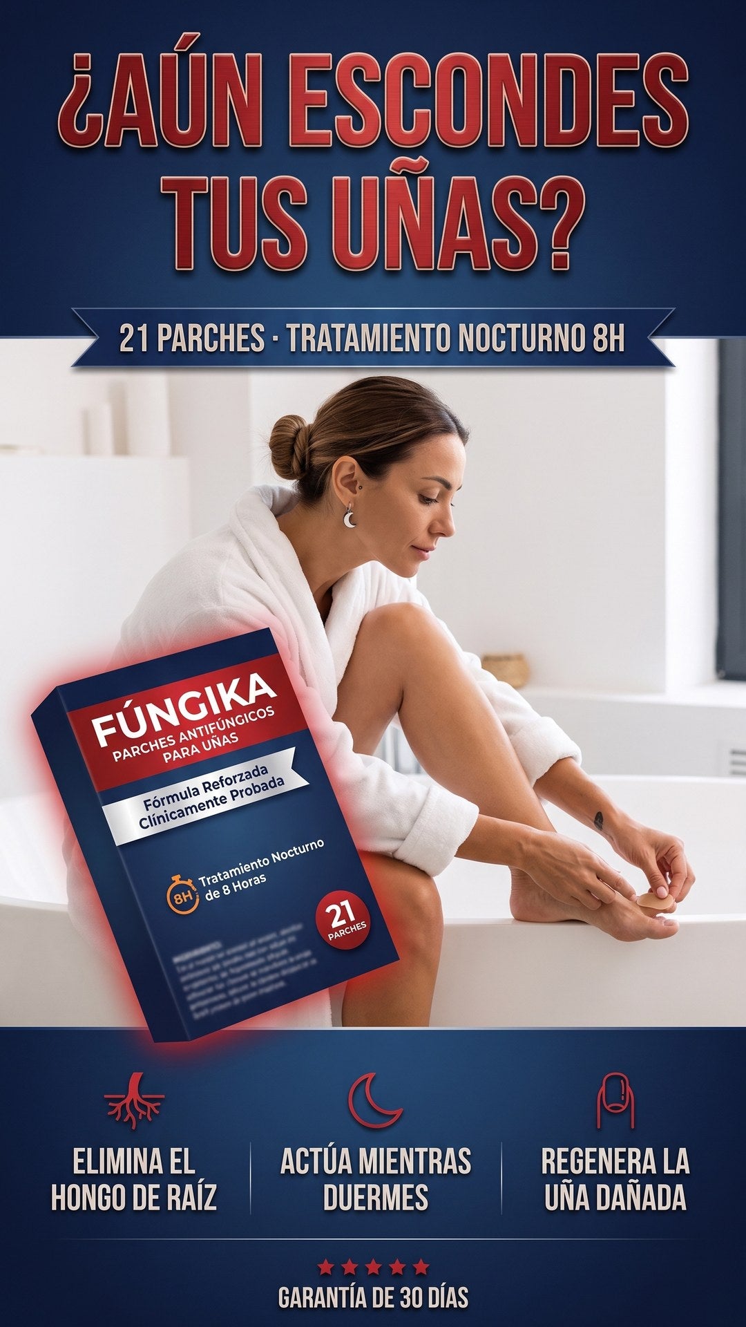 Mujer aplicándose un parche FÚNGIKA en el dedo del pie, tratamiento nocturno antifúngico de 8 horas para uñas dañadas