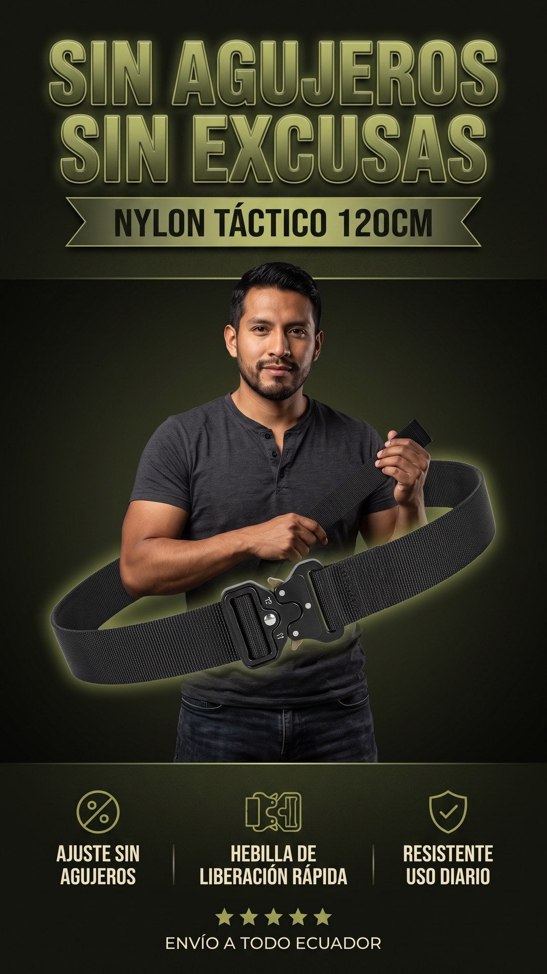 Hombre ecuatoriano sosteniendo el cinturón táctico IronLock negro de nylon con hebilla metálica de liberación rápida, sección hero