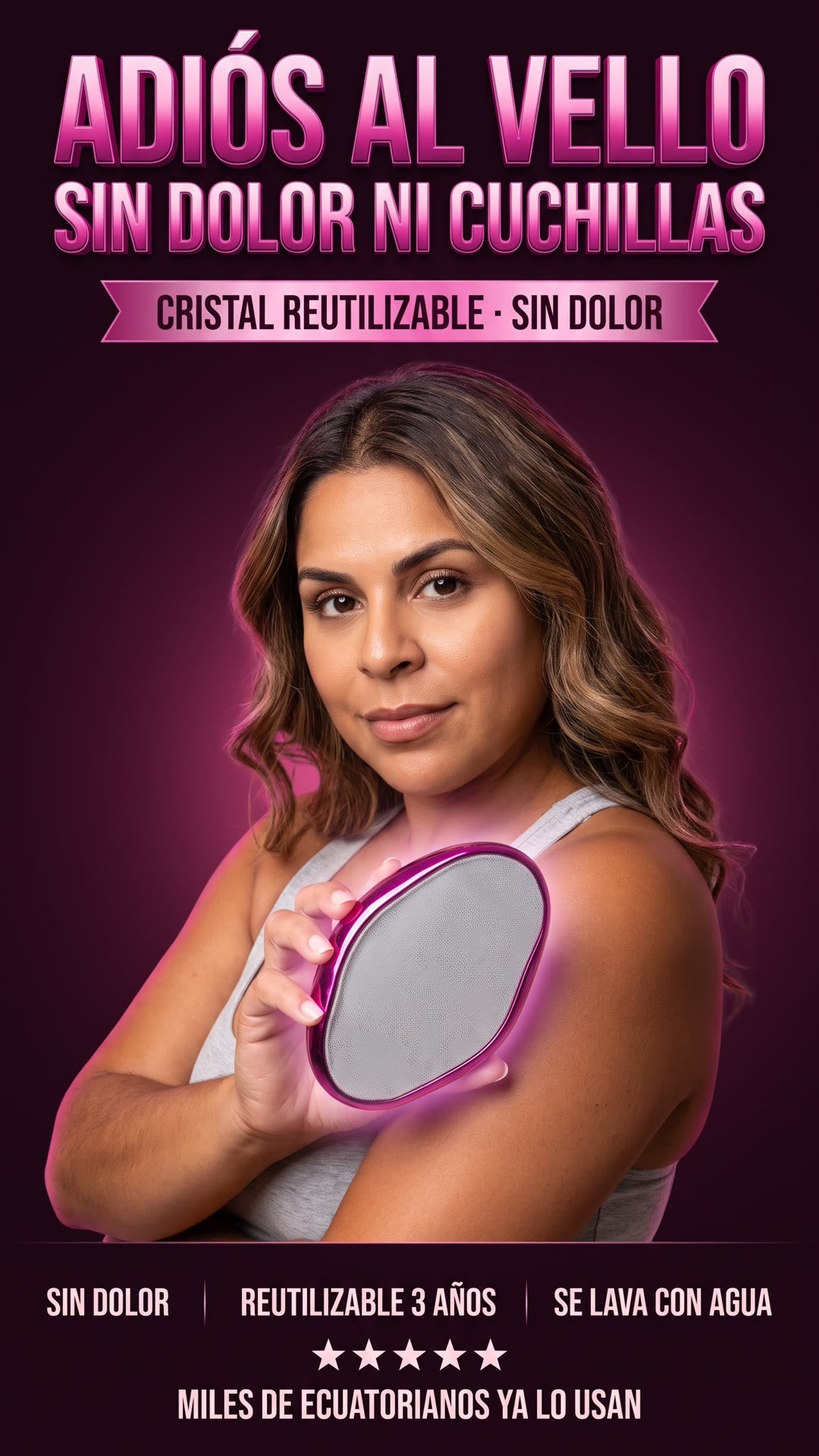 Mujer usando el depilador de cristal fucsia sobre su brazo, sección hero con titular adiós al vello sin dolor ni cuchillas