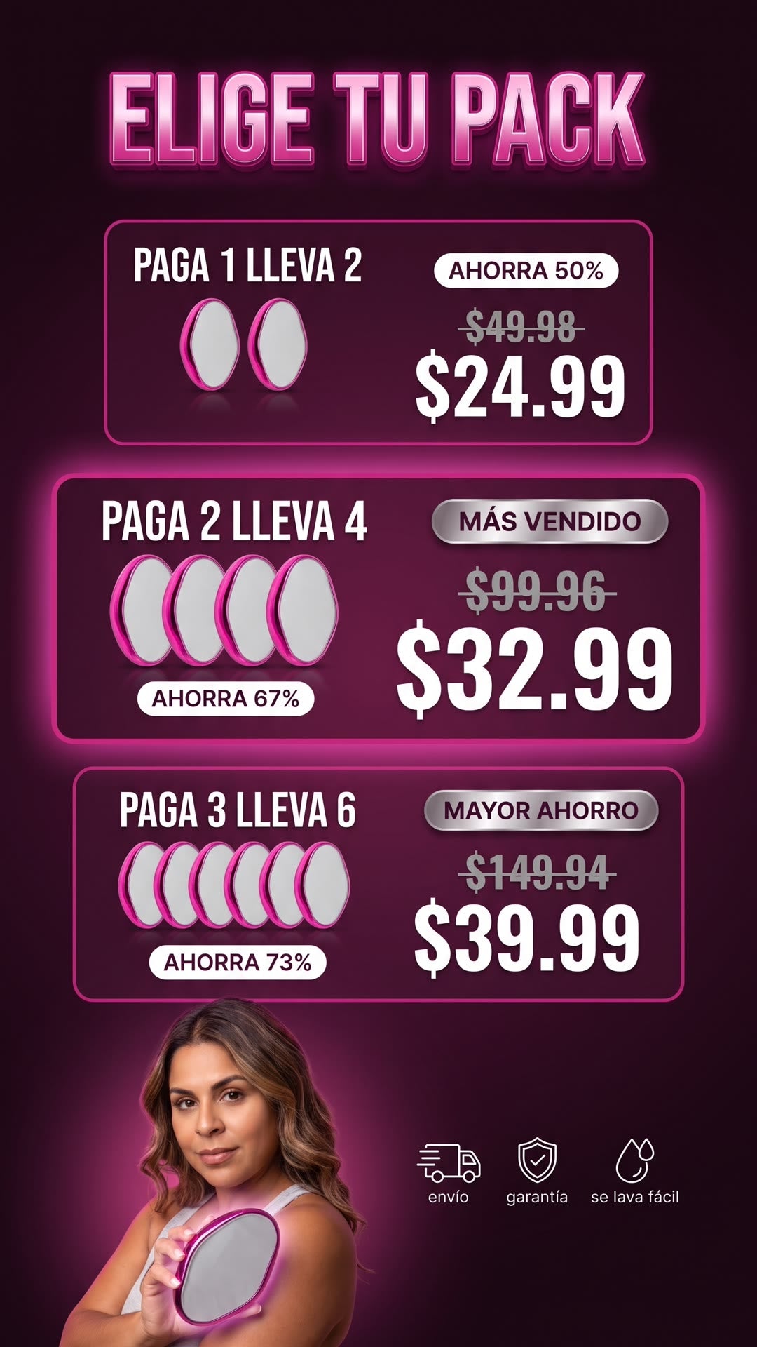 Packs de oferta del depilador de cristal: paga 1 lleva 2 a 24.99, paga 2 lleva 4 a 32.99 y paga 3 lleva 6 a 39.99
