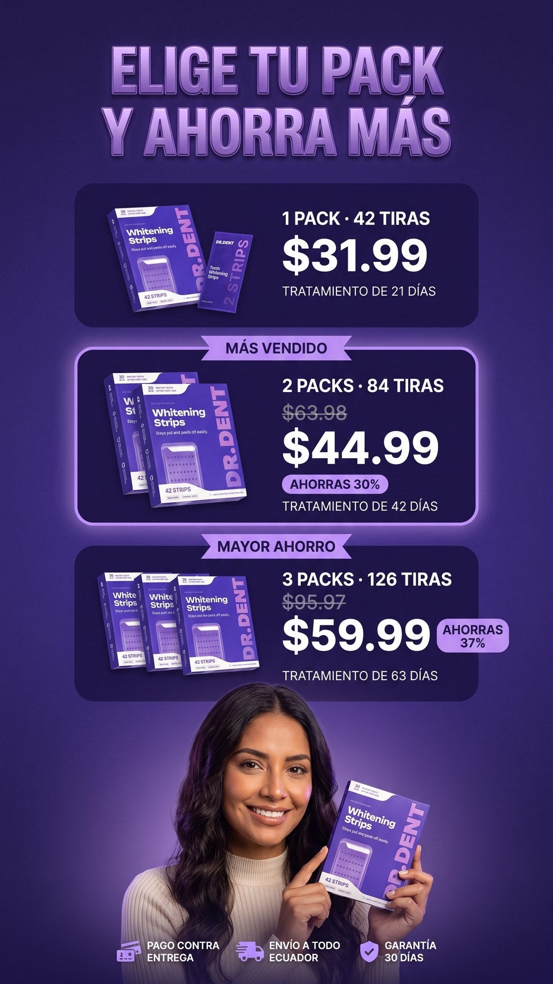 Packs de 1, 2 y 3 cajas de Dr. Dent Tiras Blanqueadoras Violeta con precios de oferta