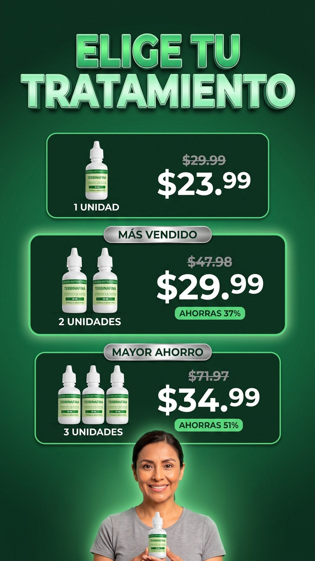 Packs de 1, 2 y 3 unidades de Terbinafina DermaVital con precios de oferta y porcentaje de ahorro