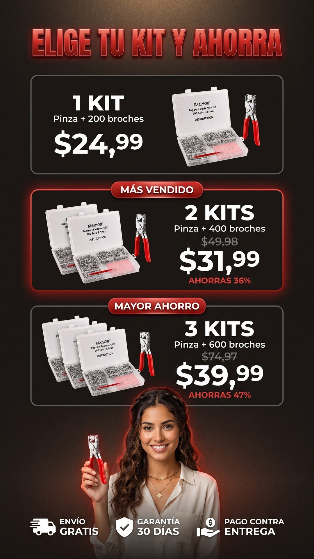 Packs de 1, 2 y 3 kits de pinza y broches metálicos FixSnap con precios de oferta y ahorro