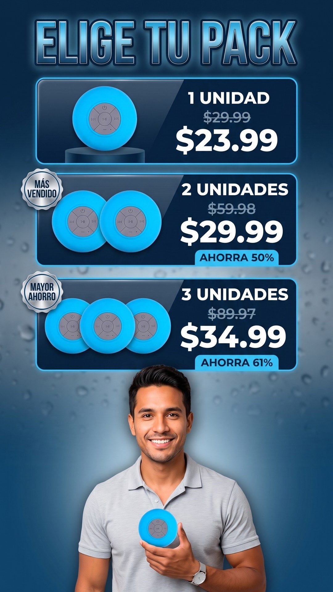 Packs de oferta del parlante Bluetooth para ducha AquaBeat: 1, 2 y 3 unidades con precios y porcentaje de ahorro