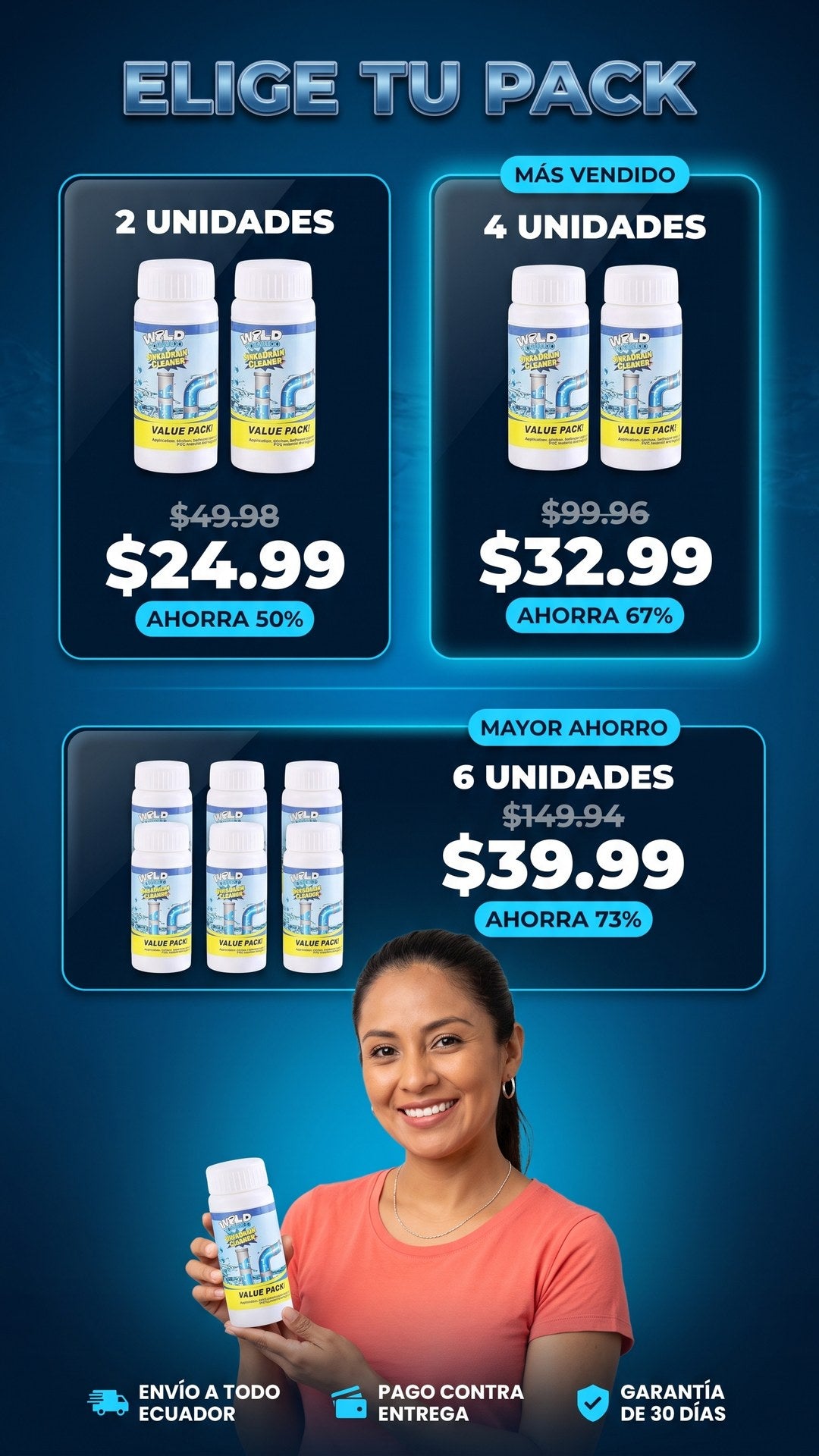 Packs de oferta TornadoJet Destapa Cañerías: 2, 4 y 6 unidades con precios y ahorro