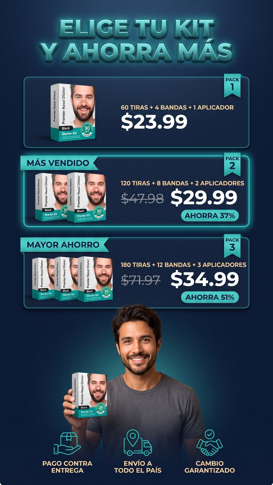 Packs de 1, 2 y 3 kits de tiras nasales magnéticas con precios y porcentaje de ahorro