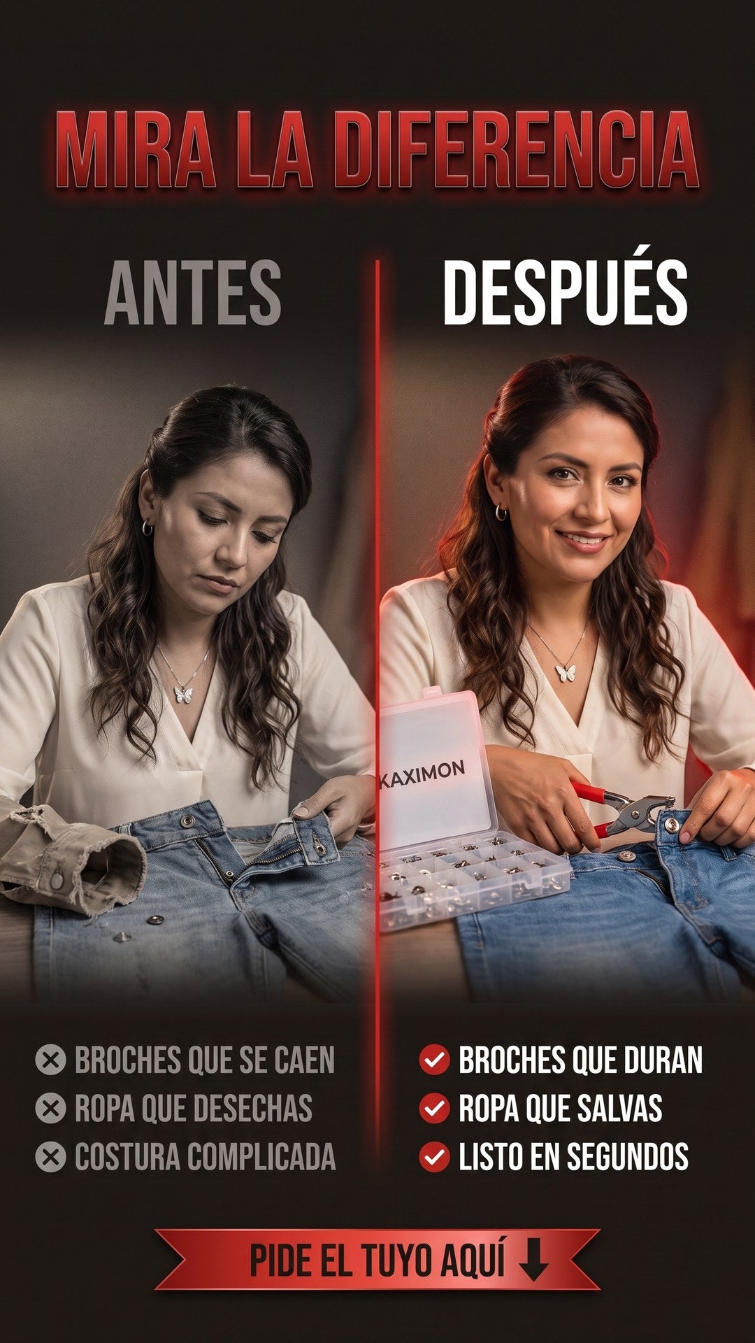 Antes y después de reparar un jean: broche caído sin arreglar versus broche metálico fijado con la pinza FixSnap