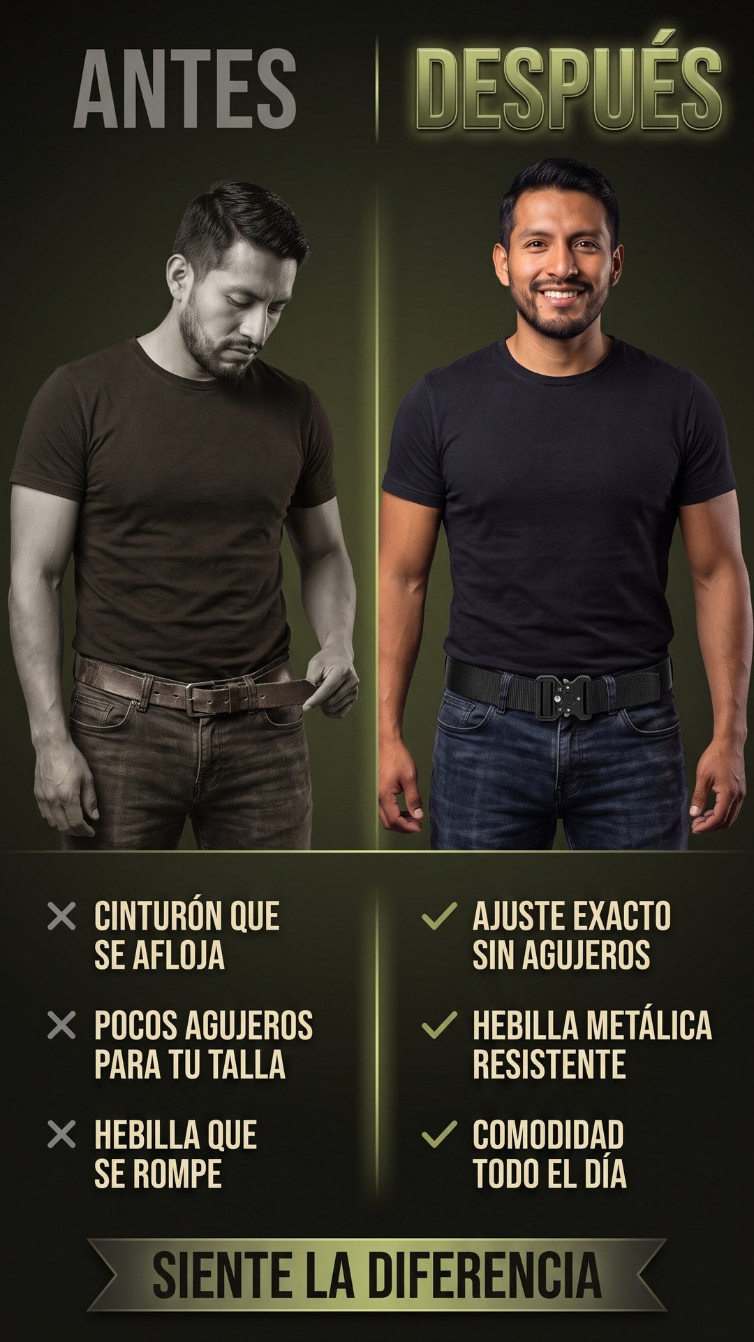 Antes y después: cinturón de cuero que se afloja versus cinturón táctico IronLock con ajuste sin agujeros