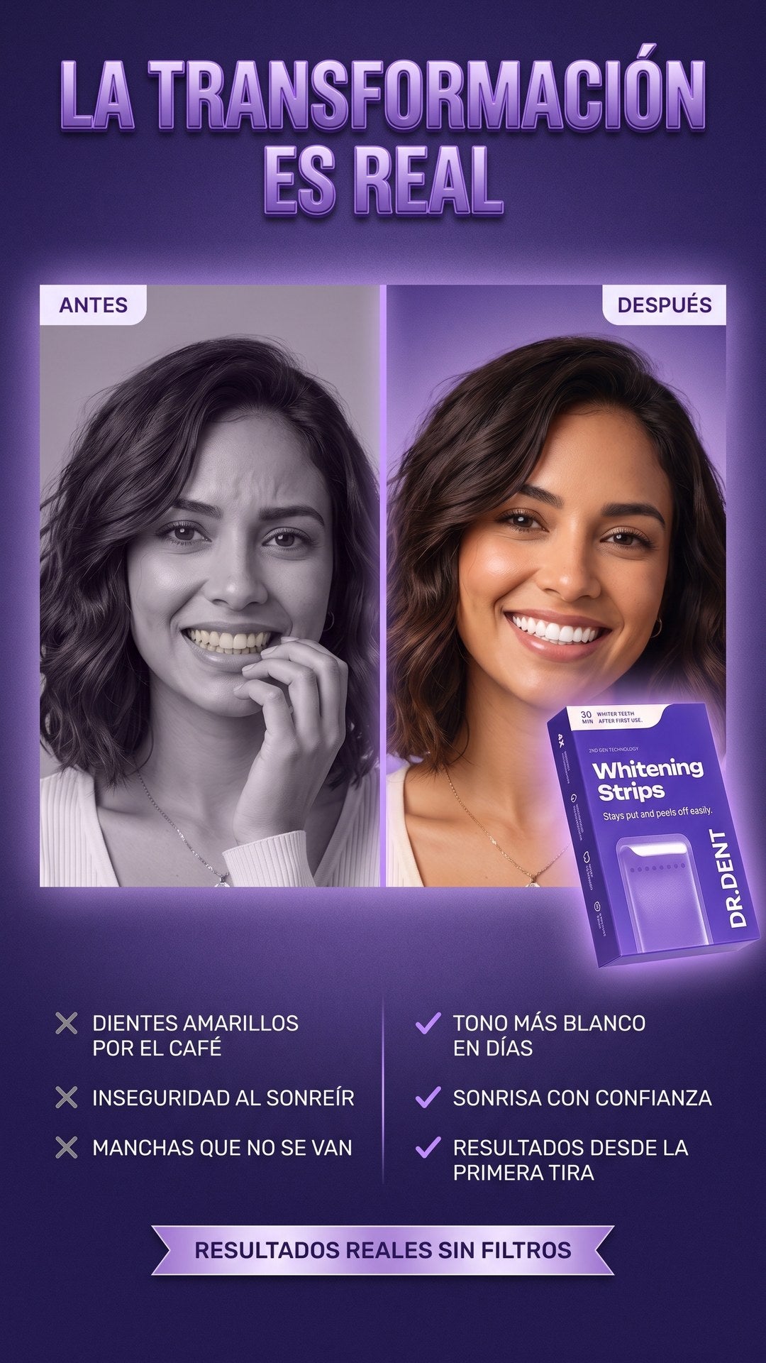 Antes y después de usar Dr. Dent Tiras Blanqueadoras Violeta, misma mujer con dientes amarillos y luego blancos