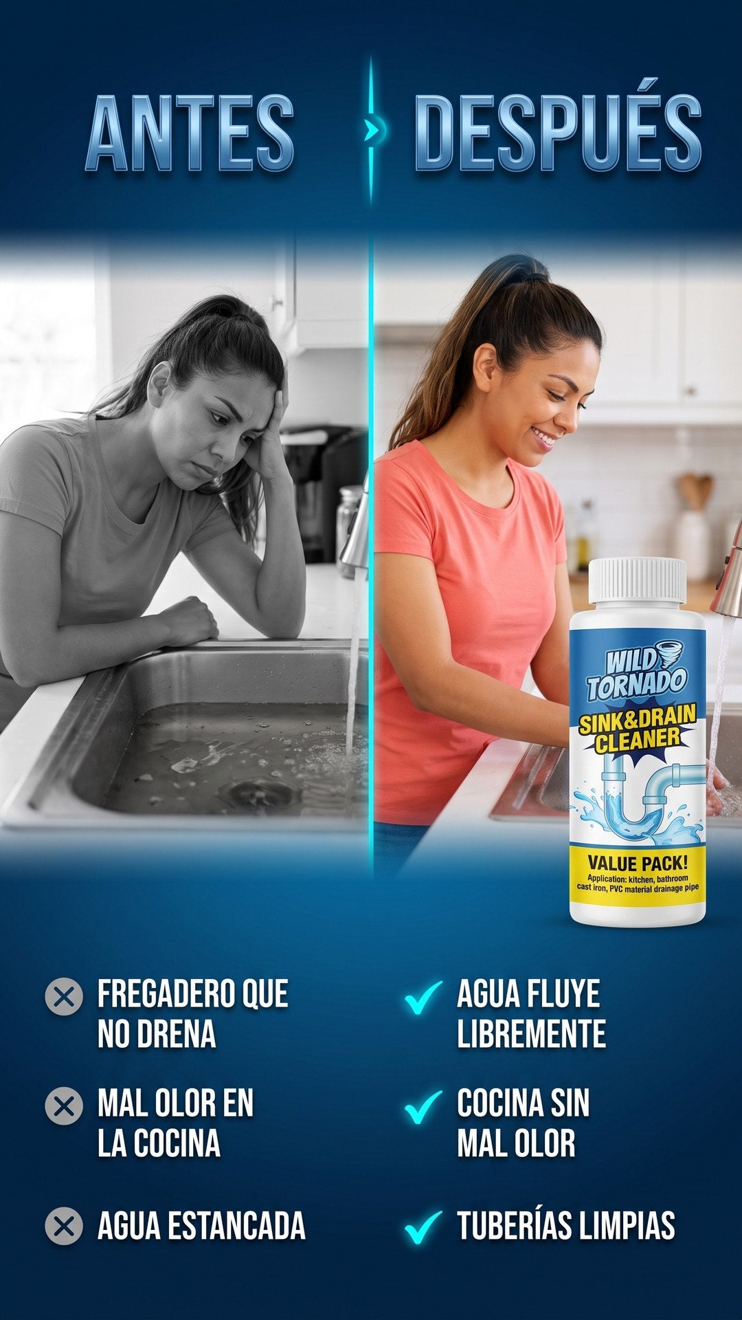 Antes y después de usar el destapacañerías: fregadero tapado versus agua fluyendo libremente