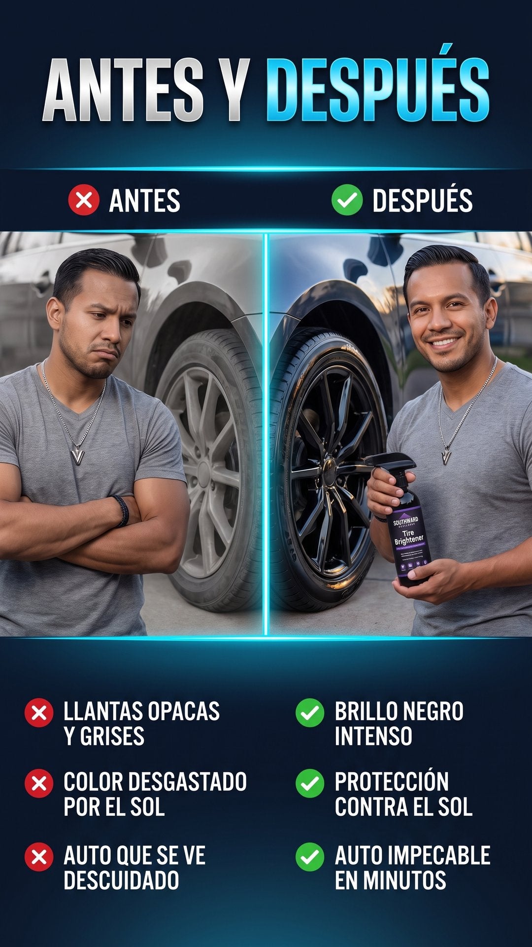 Comparación antes y después de usar el spray abrillantador de llantas: llanta opaca vs llanta con brillo negro intenso