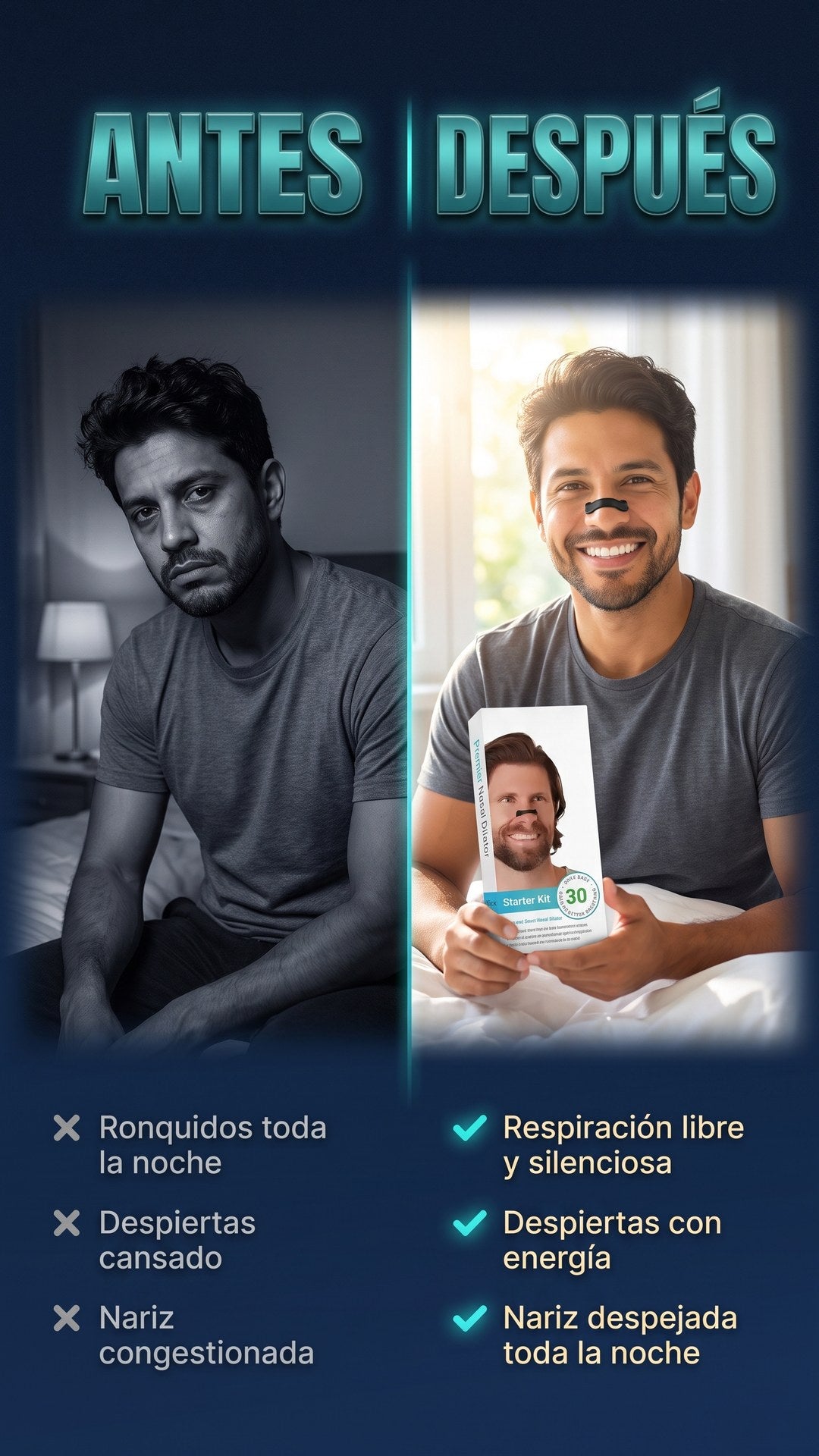 Antes y después: hombre cansado por roncar vs. hombre descansado usando el dilatador nasal magnético