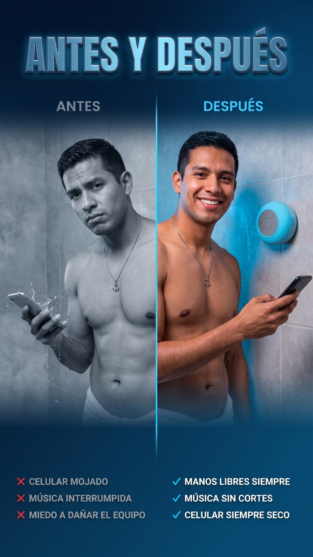 Antes y después de usar el parlante Bluetooth para ducha AquaBeat: celular mojado versus manos libres y música sin cortes