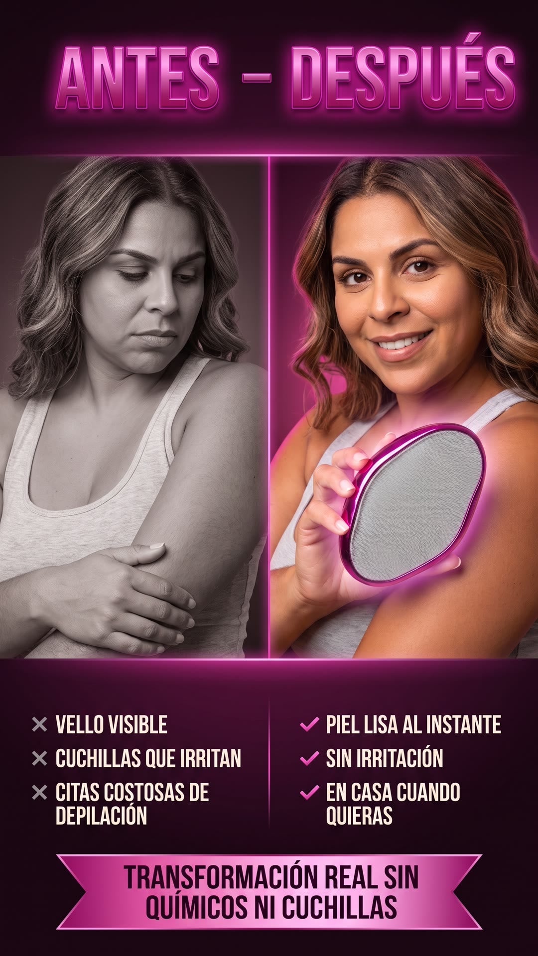 Antes y después de usar el depilador de cristal: piel con vello visible versus piel lisa sin irritación