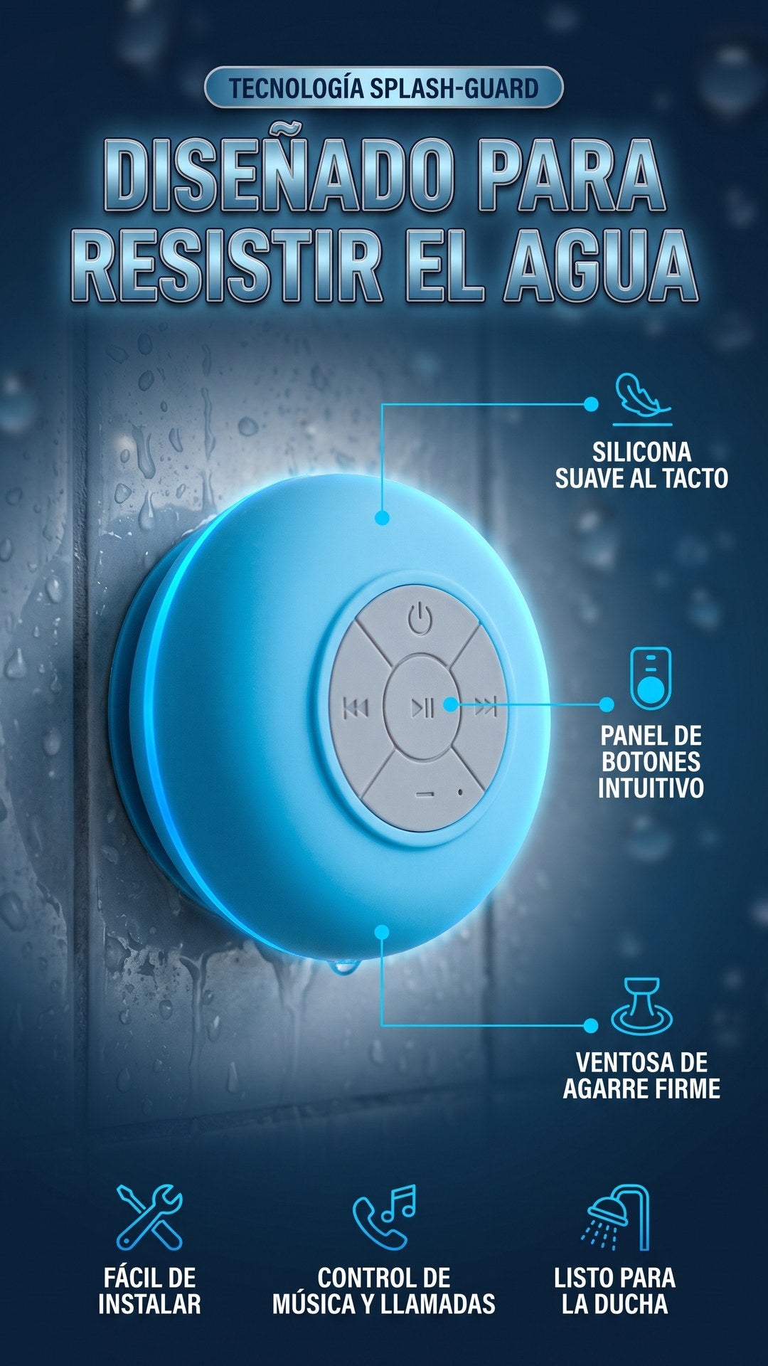 Mecanismo del parlante Bluetooth para ducha AquaBeat: silicona suave, panel de botones intuitivo y ventosa de agarre firme