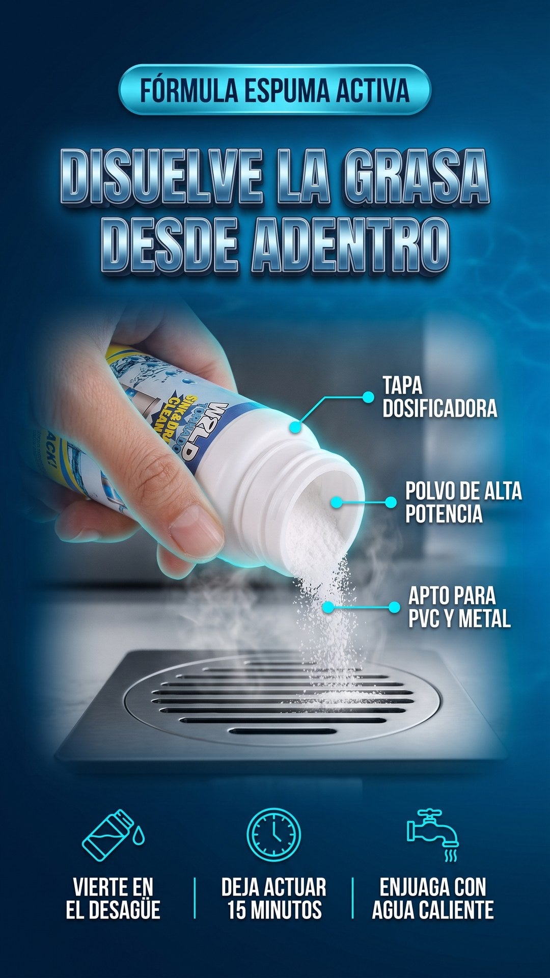 Fórmula en polvo del destapacañerías Wild Tornado vertiéndose en el desagüe de la cocina