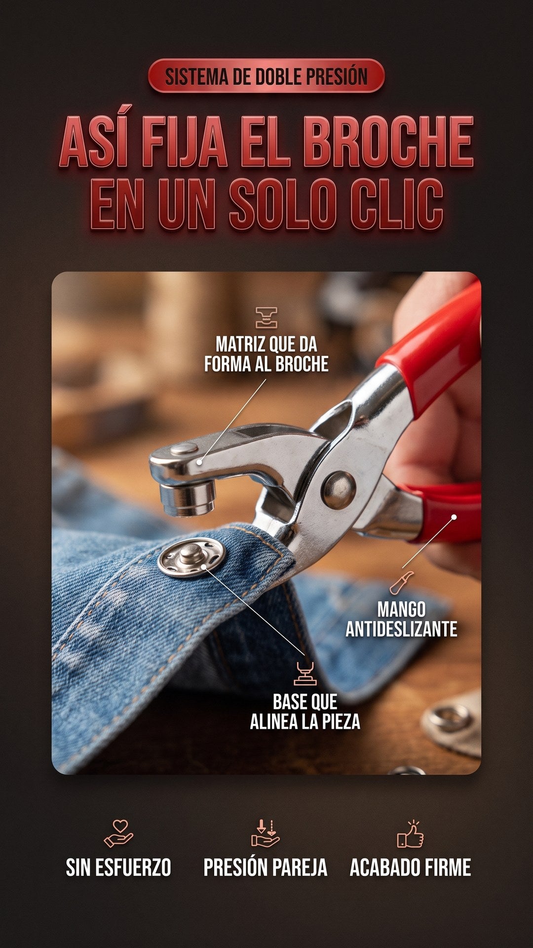 Primer plano de la pinza FixSnap fijando un broche metálico en tela de jean, mostrando el mecanismo de doble presión