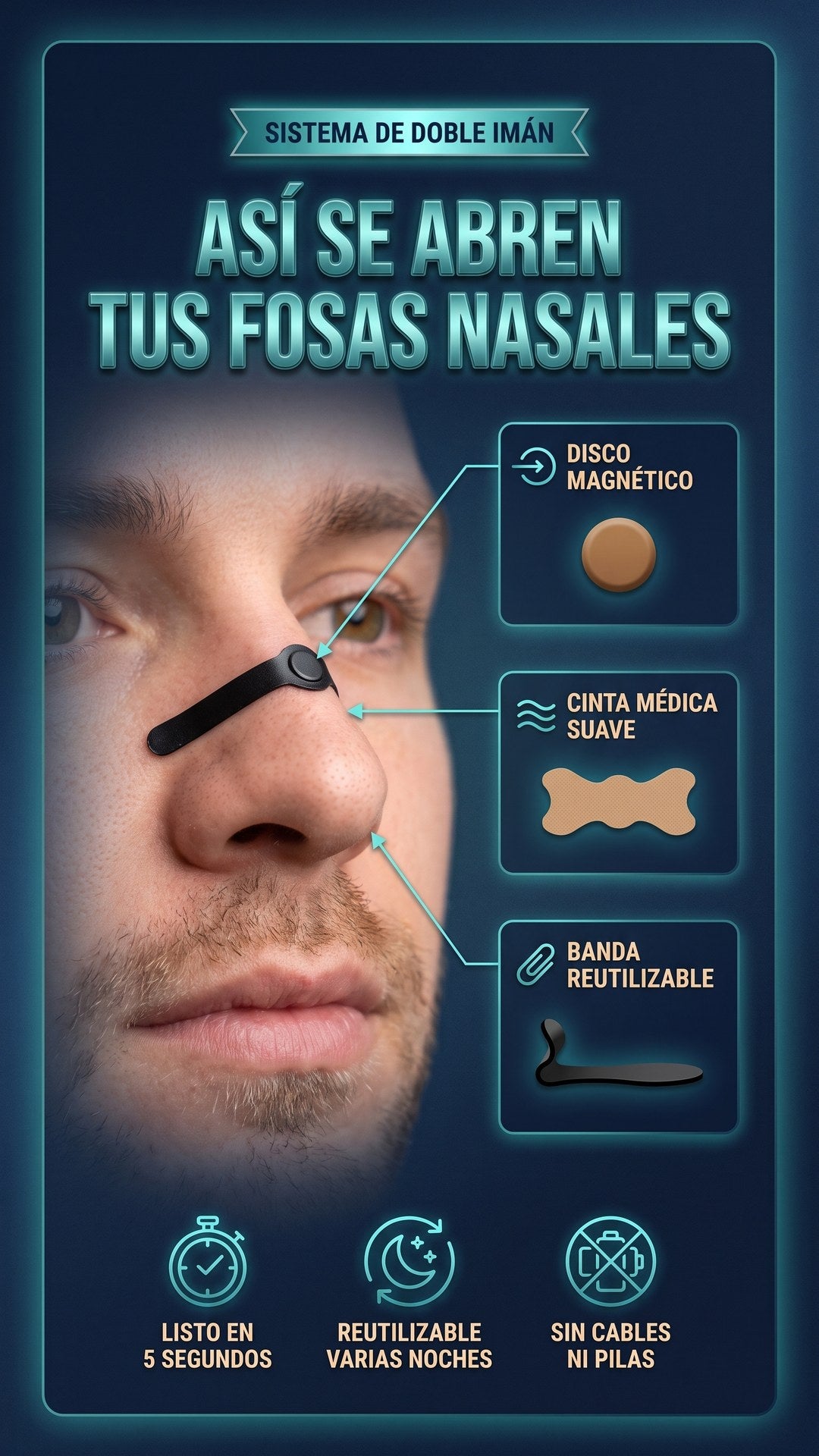 Primer plano del sistema de doble imán del dilatador nasal: disco magnético, cinta médica suave y banda reutilizable