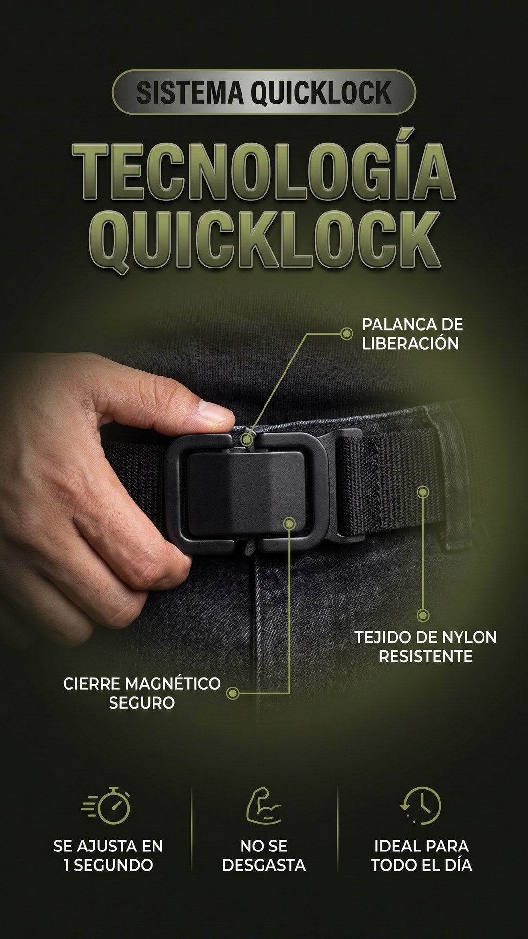 Mecanismo de liberación rápida del cinturón táctico IronLock: palanca, hebilla magnética y nylon resistente