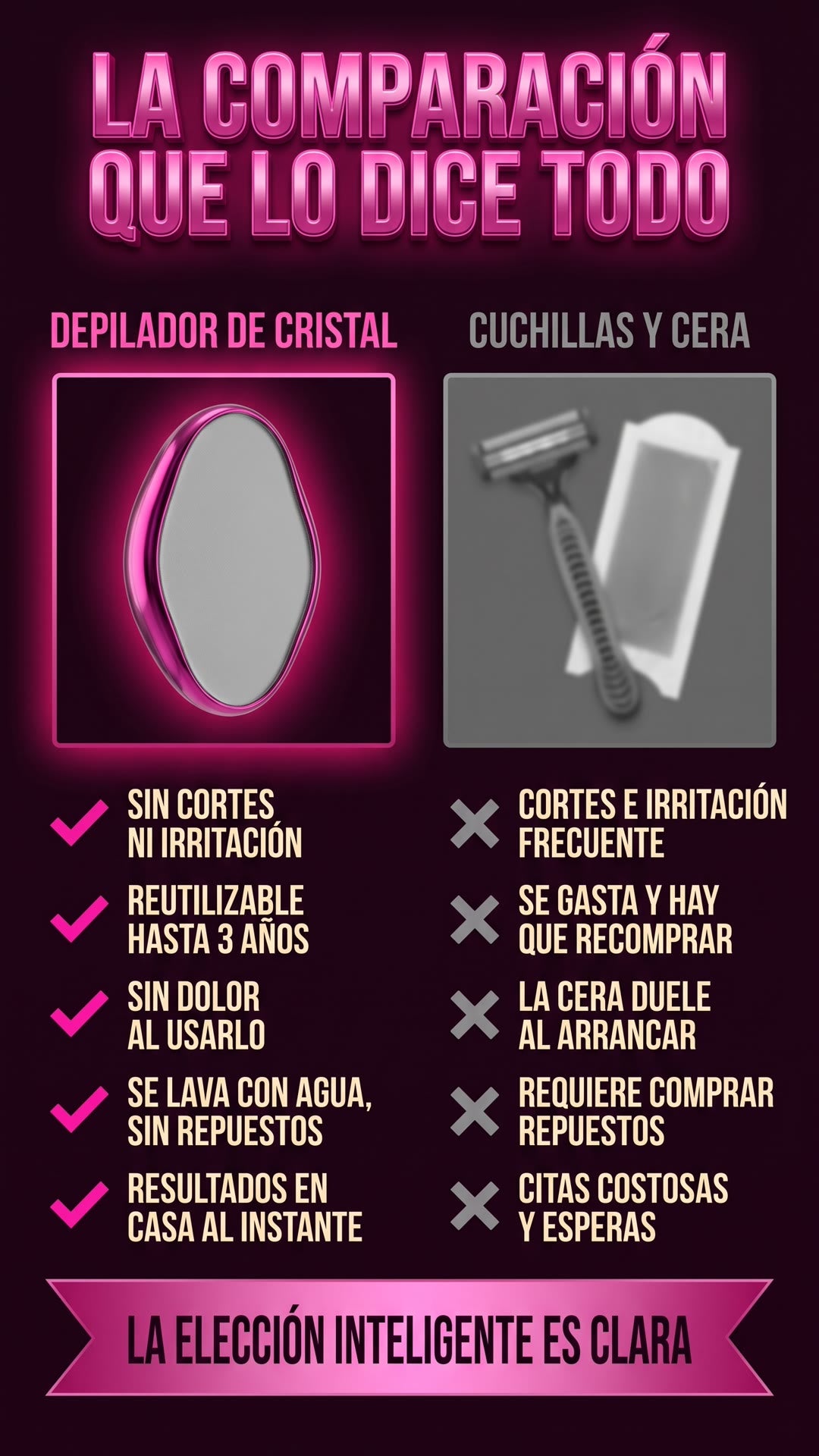 Comparativa entre el depilador de cristal y los métodos tradicionales de cuchillas y cera
