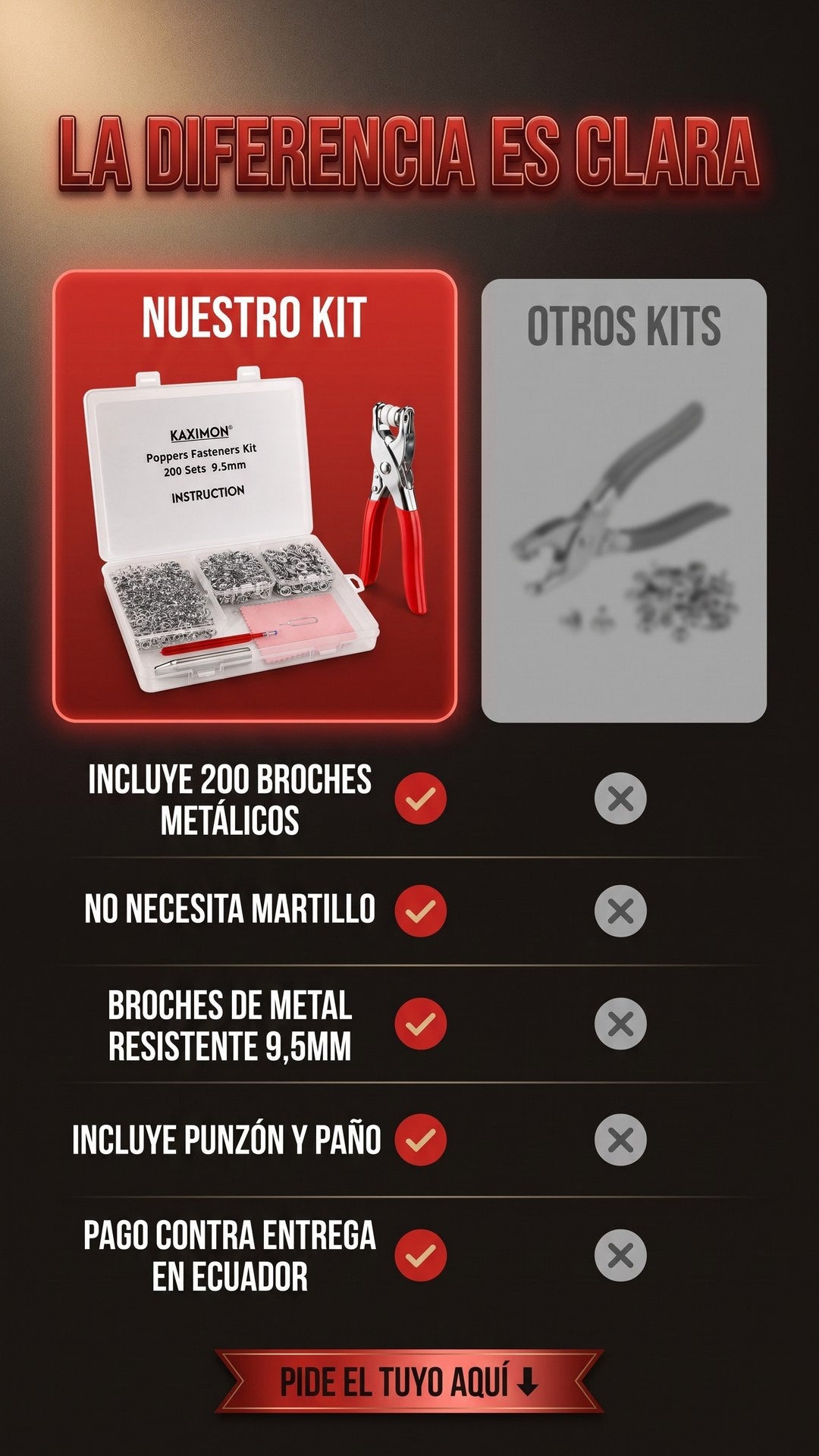 Comparativa entre el kit FixSnap con 200 broches metálicos y pinza incluida frente a kits básicos de la competencia