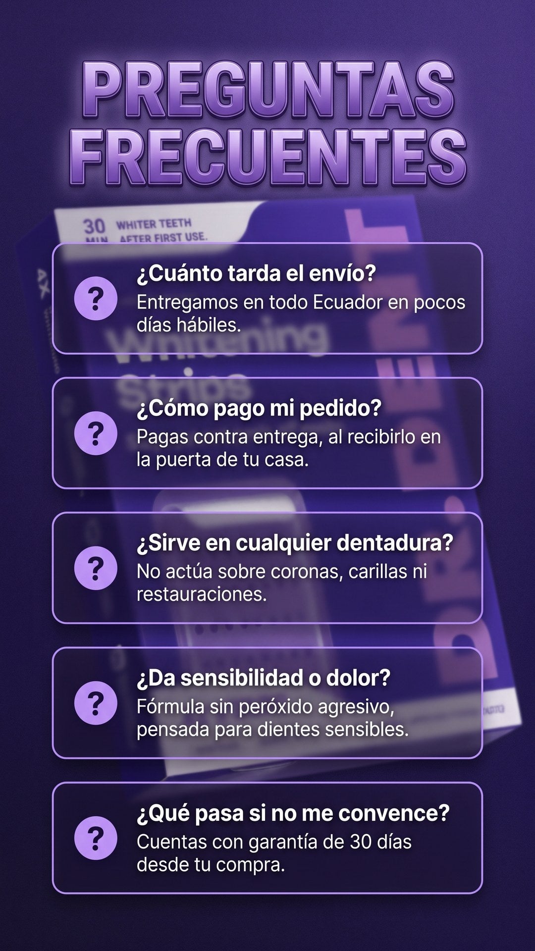 Preguntas frecuentes sobre envío, pago, compatibilidad y garantía de Dr. Dent Tiras Blanqueadoras Violeta