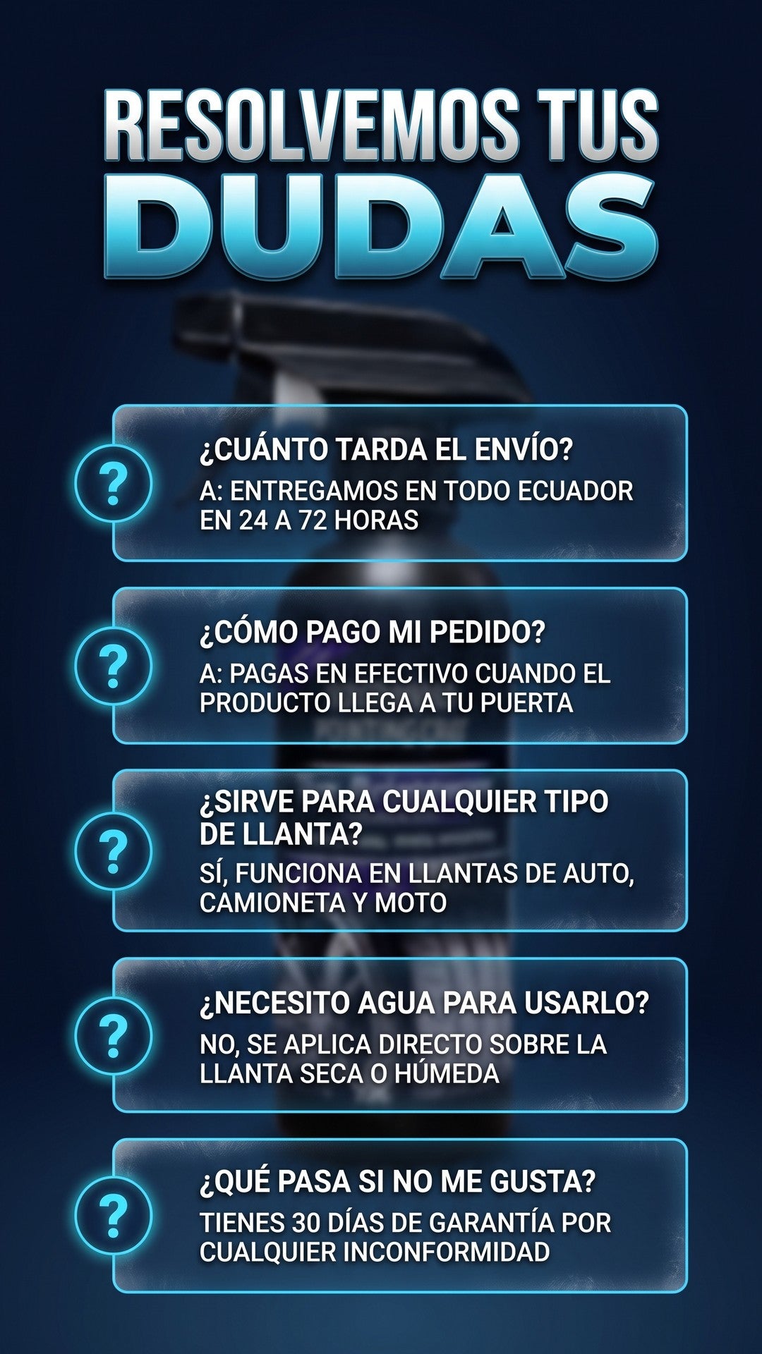 Preguntas frecuentes sobre el spray abrillantador de llantas: envío, pago, tipos de llanta y garantía