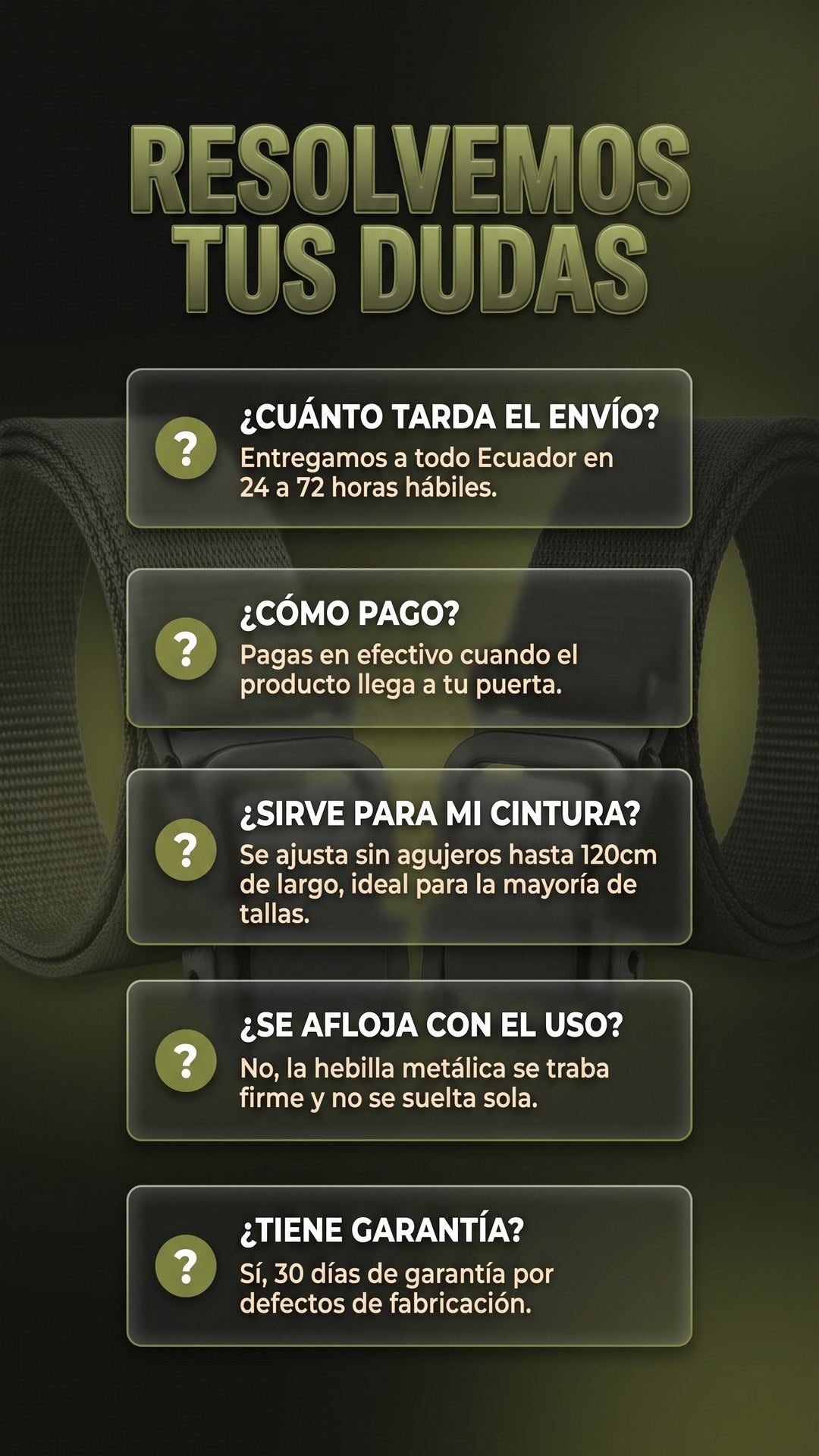 Preguntas frecuentes sobre el cinturón táctico IronLock: envío, pago contraentrega, tallas y garantía