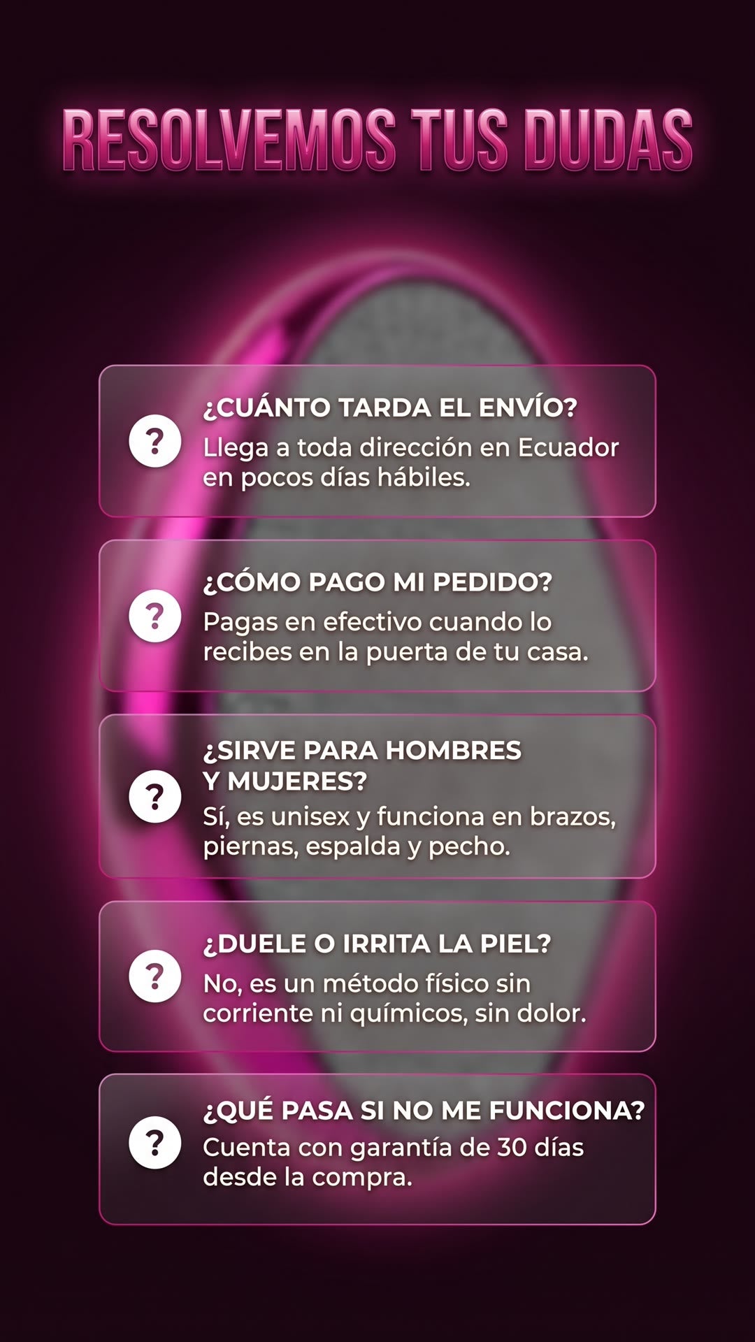 Preguntas frecuentes sobre el depilador de cristal: envío, forma de pago, uso unisex, dolor y garantía