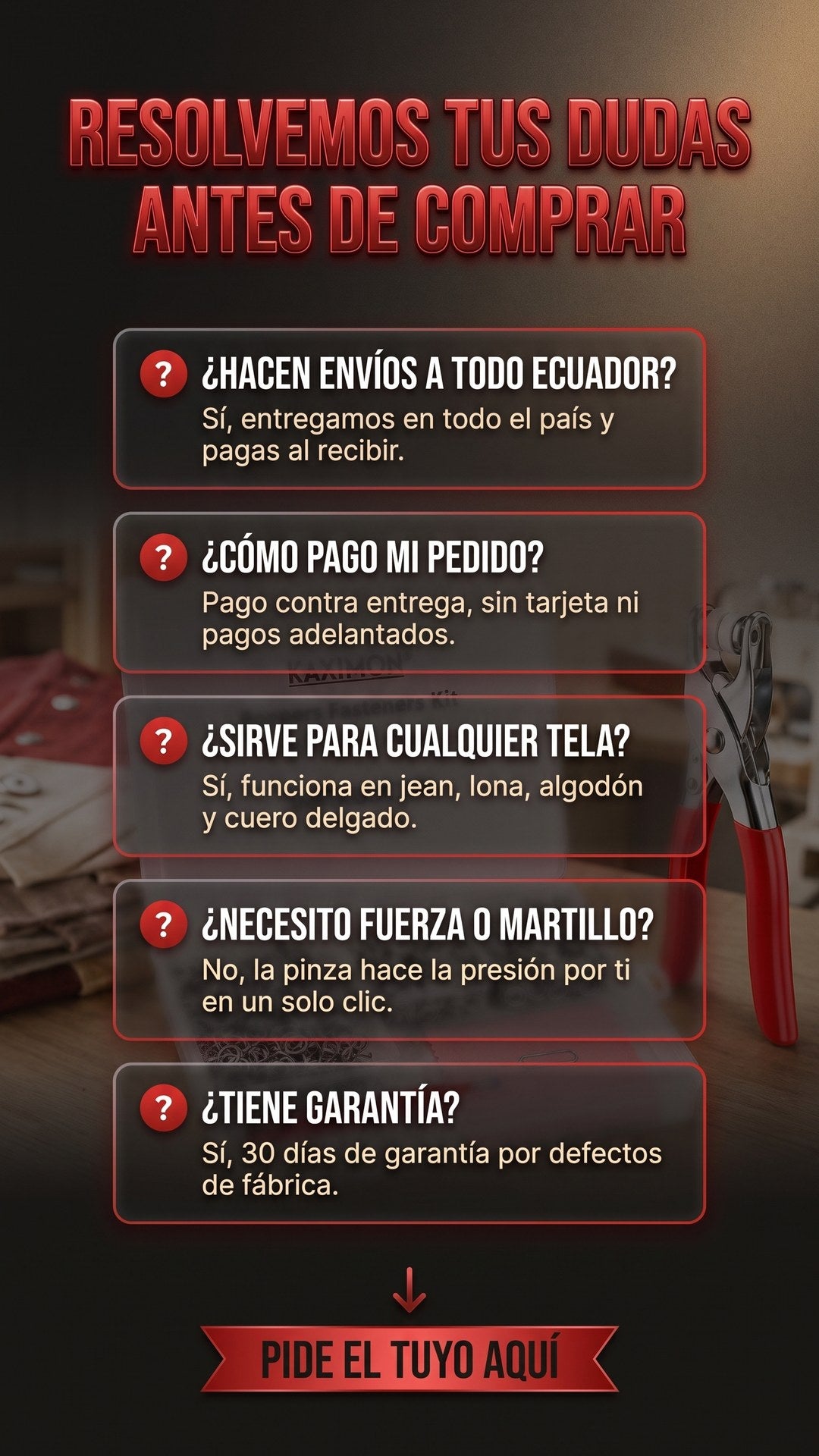 Preguntas frecuentes sobre envío, pago contra entrega, compatibilidad de telas y garantía del kit FixSnap