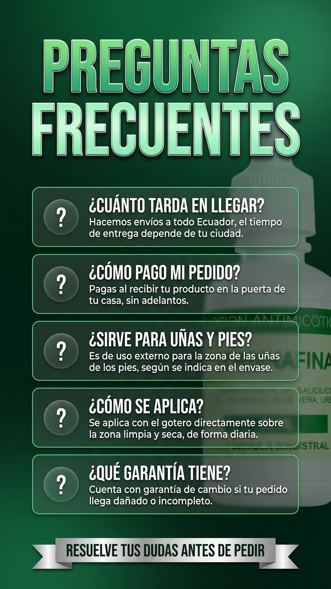Preguntas frecuentes sobre envío, pago contra entrega, uso y garantía de Terbinafina DermaVital