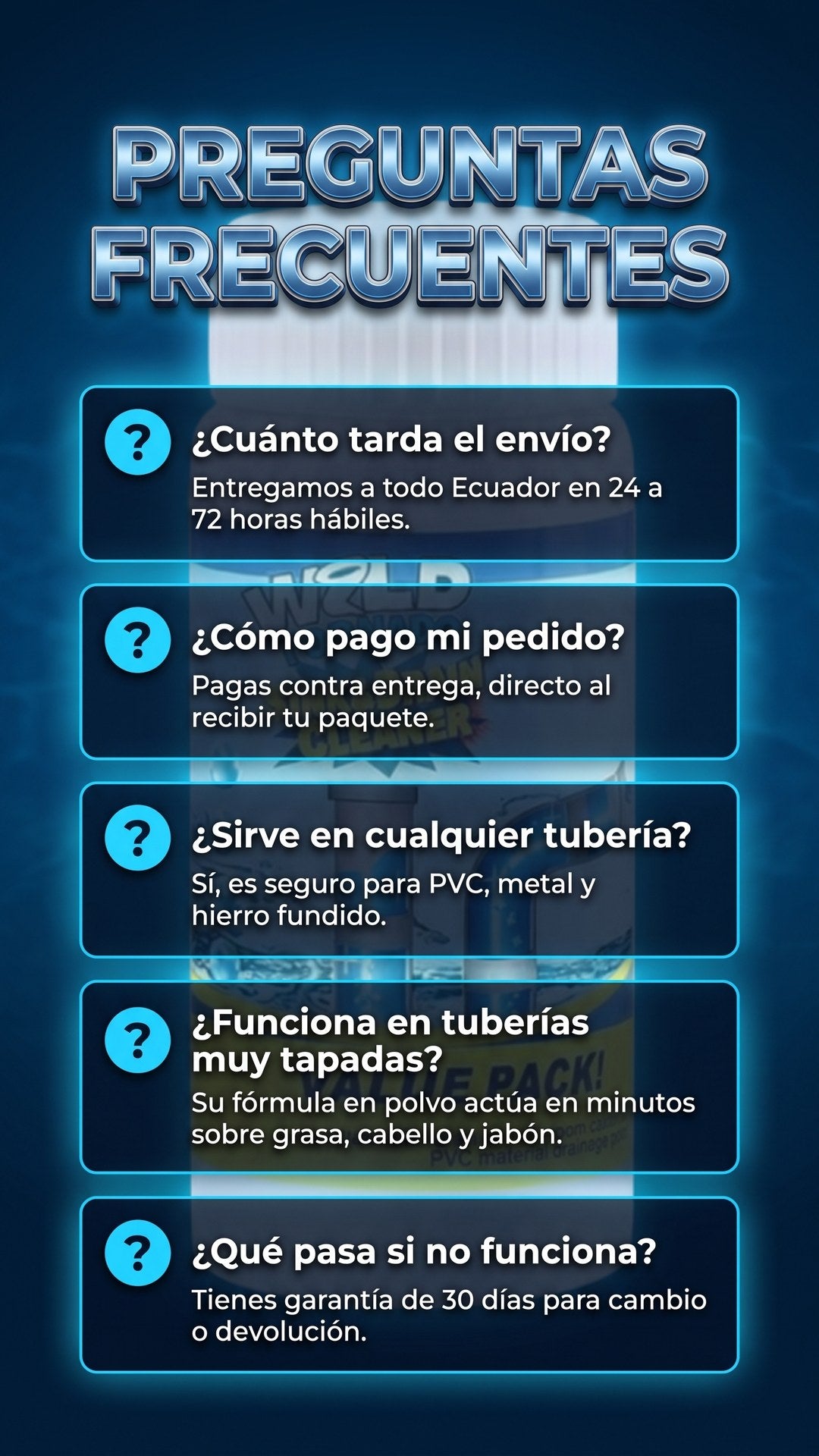 Preguntas frecuentes sobre envío, pago, uso y garantía del destapacañerías
