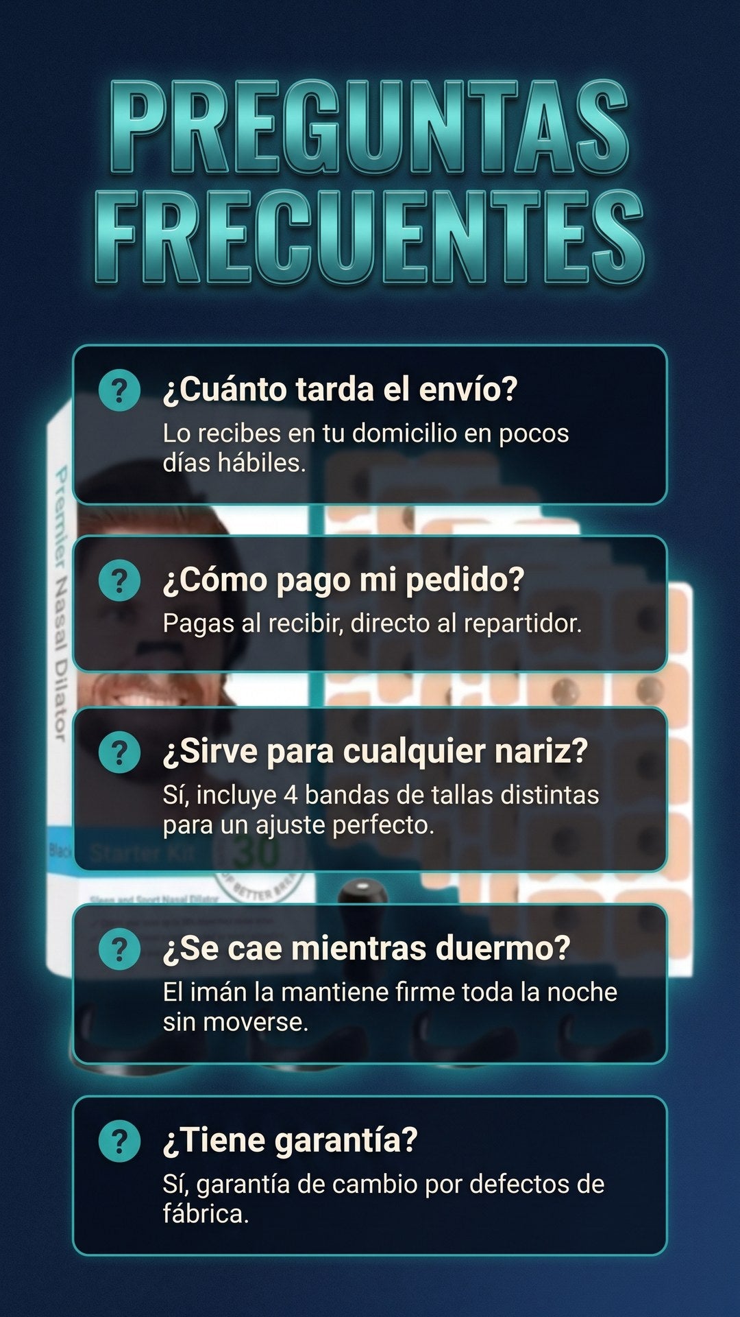 Preguntas frecuentes sobre envío, pago, tallas y garantía del dilatador nasal magnético