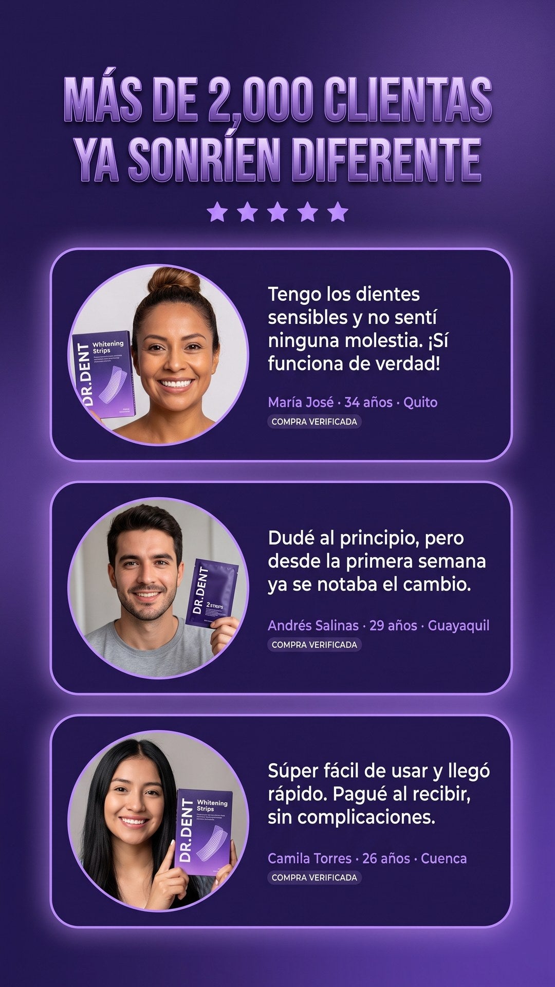 Reseñas de clientas de Ecuador sobre Dr. Dent Tiras Blanqueadoras Violeta con foto y calificación de 5 estrellas