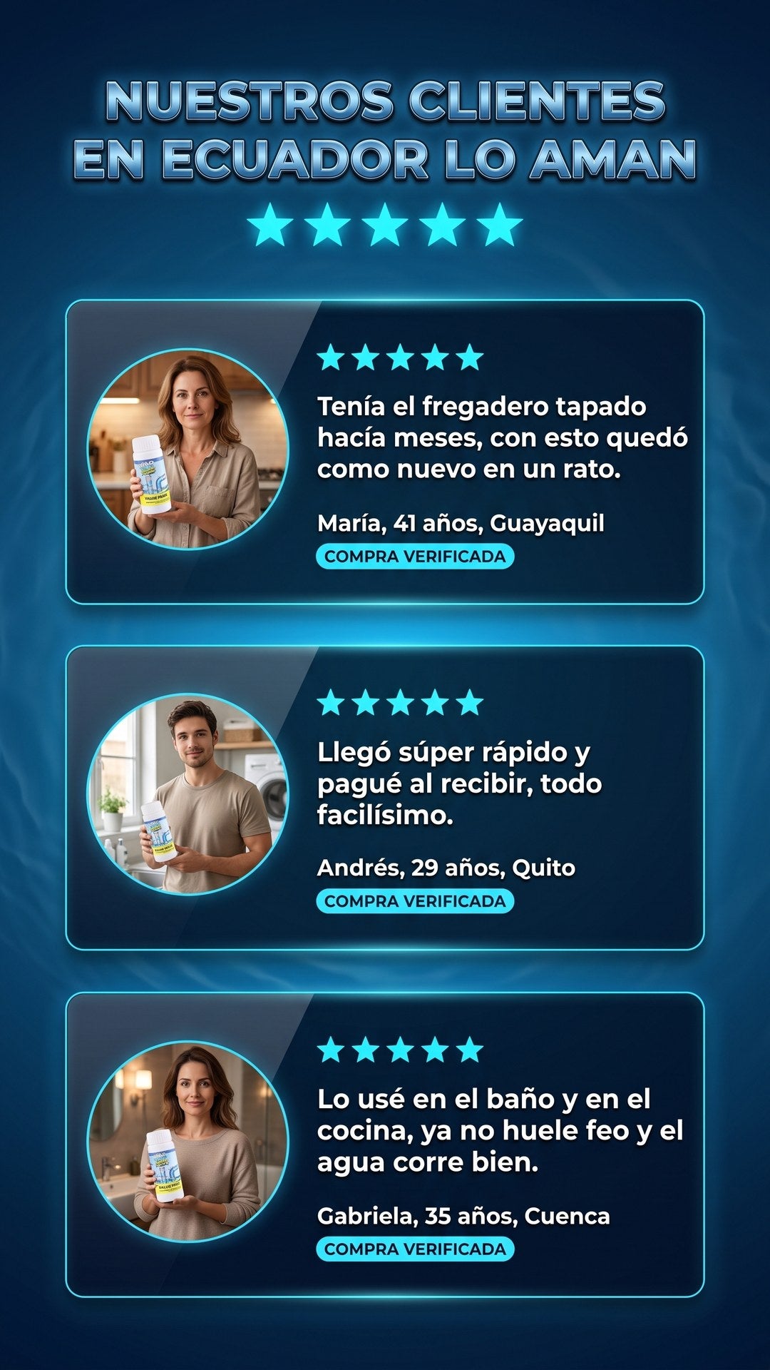 Reseñas de clientes ecuatorianos sobre el destapacañerías Wild Tornado con calificación de 5 estrellas