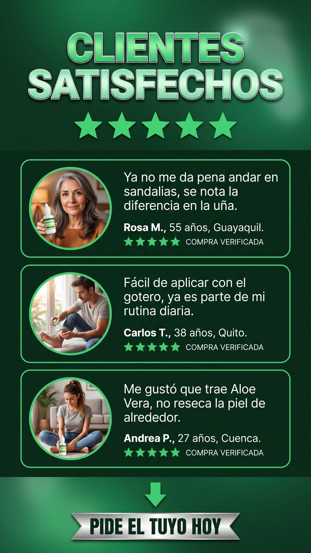 Reseñas de clientas y clientes en Ecuador sobre la loción antimicótica Terbinafina DermaVital