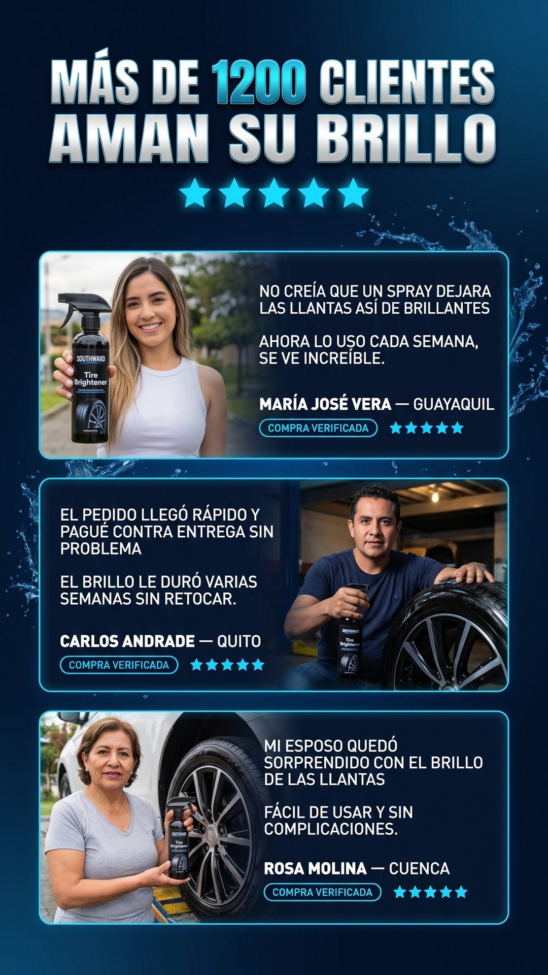 Reseñas de clientes ecuatorianos sobre el spray abrillantador de llantas Tire Brightener con calificación de 5 estrellas