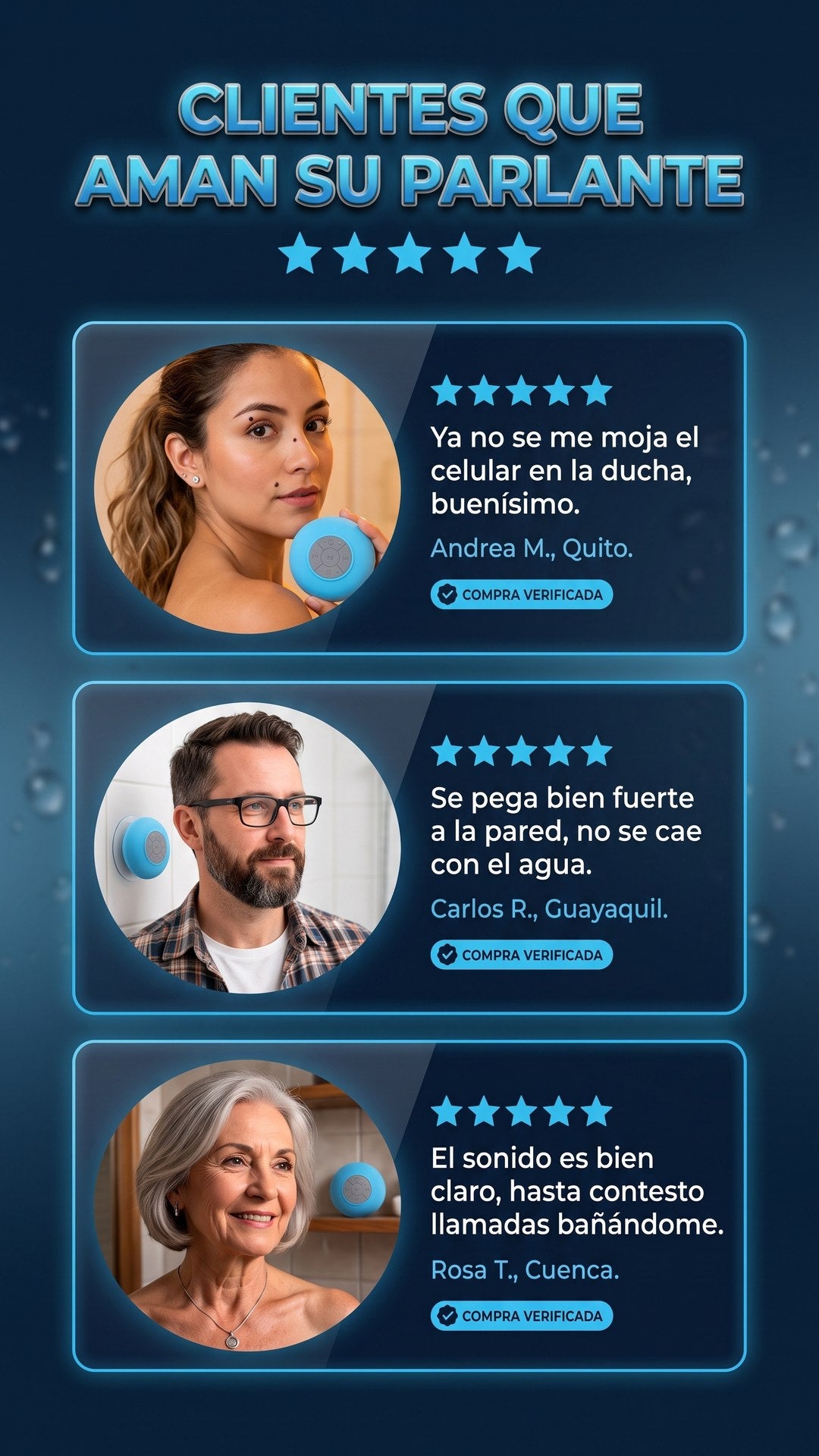 Reseñas de clientes ecuatorianos sobre el parlante Bluetooth para ducha AquaBeat con calificación de 5 estrellas