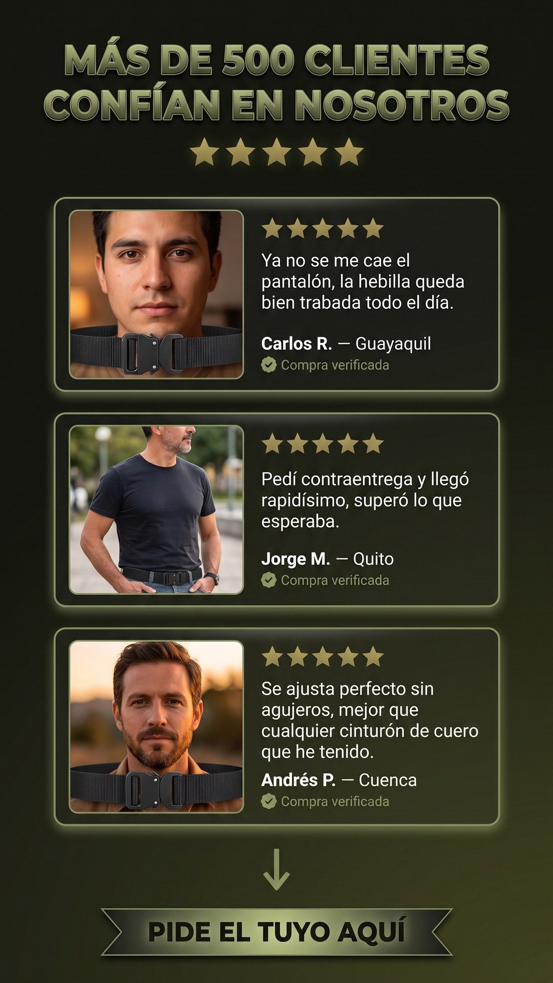 Reseñas de clientes en Ecuador sobre el cinturón táctico IronLock con calificación de 5 estrellas