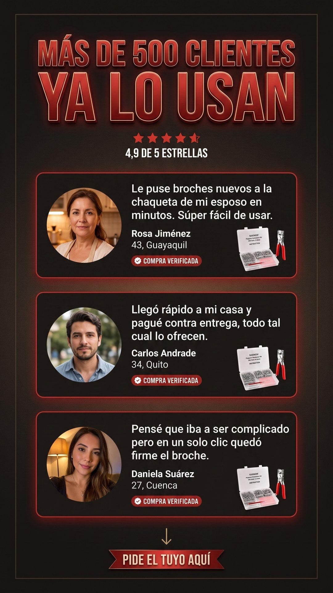 Reseñas de clientas y clientes de Ecuador sobre el kit de pinza y broches metálicos FixSnap