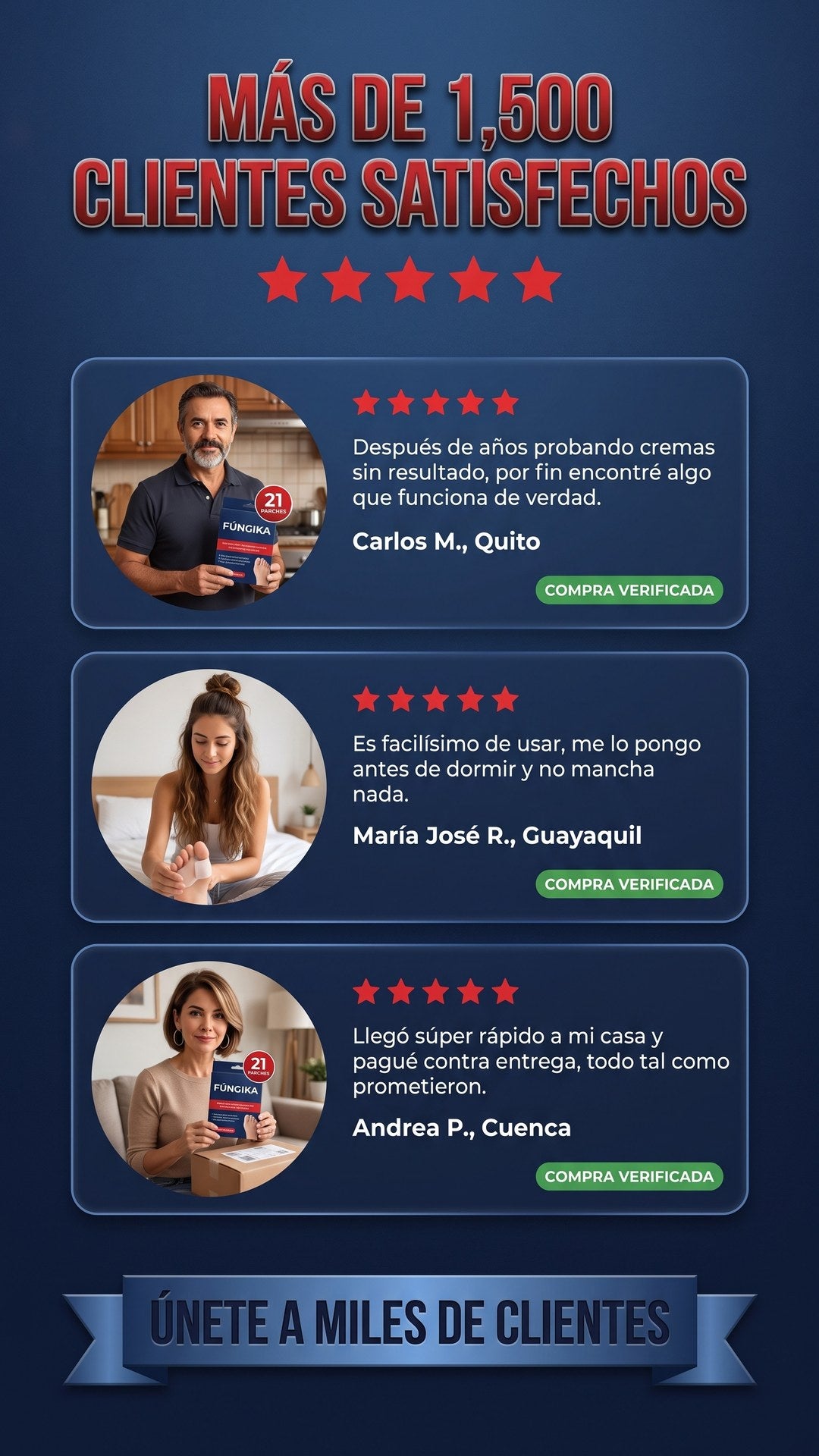 Reseñas de clientes de Ecuador sobre los parches antifúngicos FÚNGIKA para uñas de pies y manos