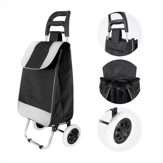 Carrito de compras plegable negro con gris, estructura de aluminio y dos ruedas
