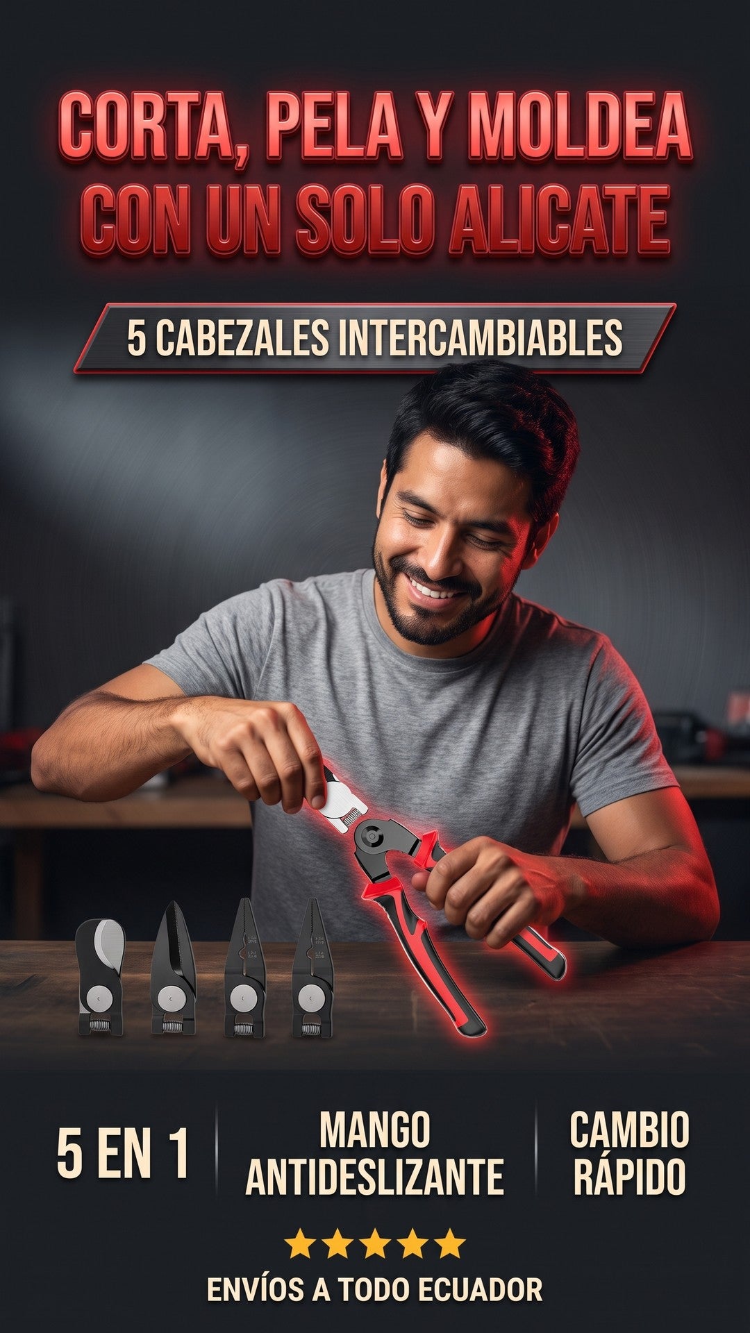 Hombre usando el Alicate Multifunción 5 en 1 para cambiar cabezales, con el mango bicolor rojo y negro antideslizante