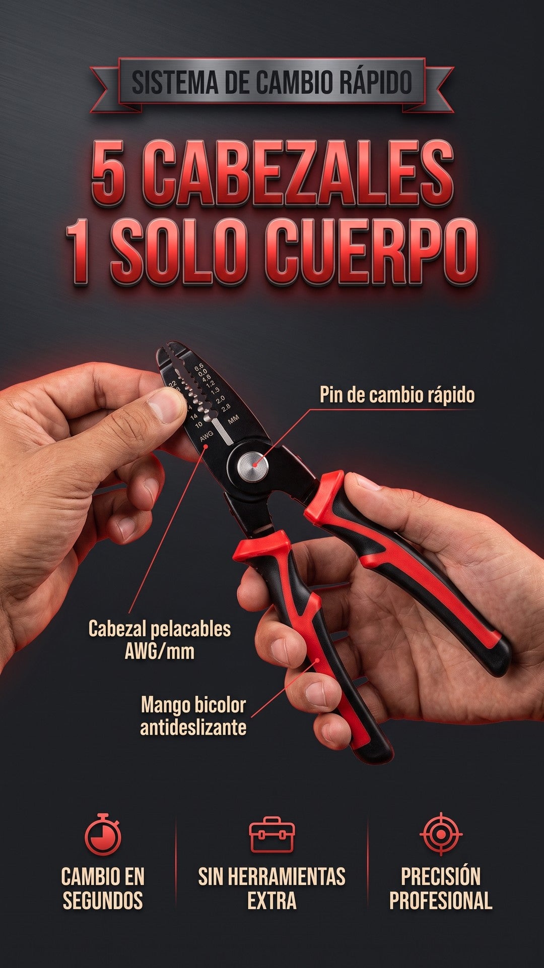 Sistema de cambio rápido del Alicate Multifunción 5 en 1: pin de cambio, mango bicolor y cabezal pelacables AWG/mm
