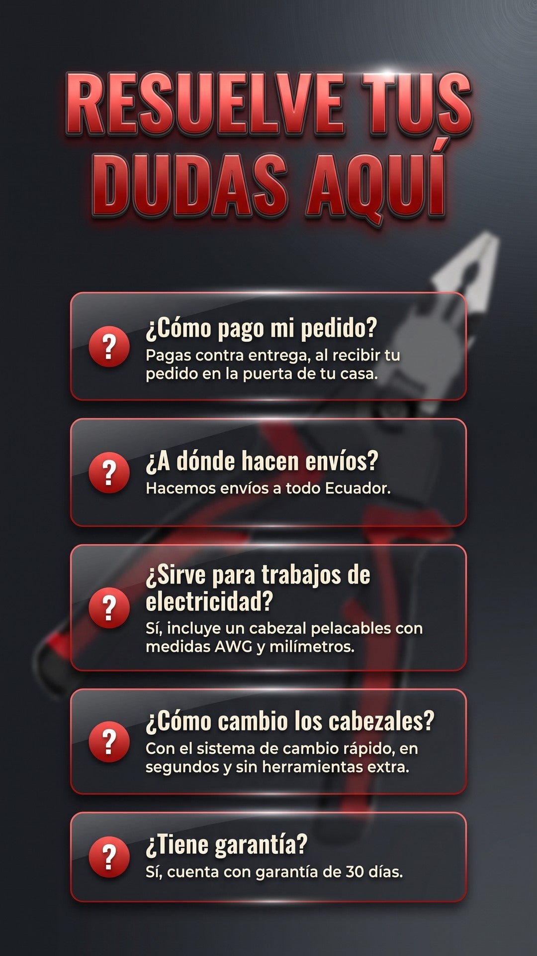 Preguntas frecuentes sobre el Alicate Multifunción 5 en 1: pago contra entrega, envíos, uso eléctrico y garantía