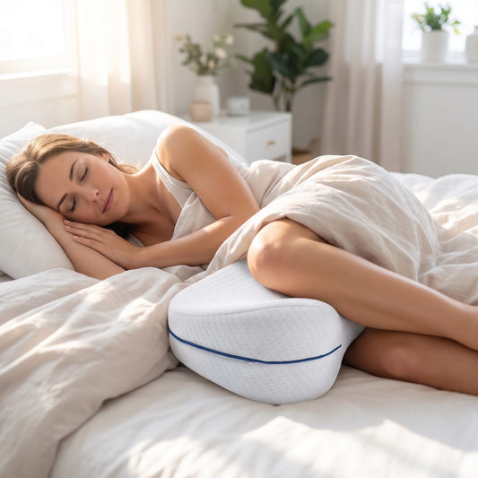 Mujer durmiendo de lado con la almohada ortopédica entre las piernas