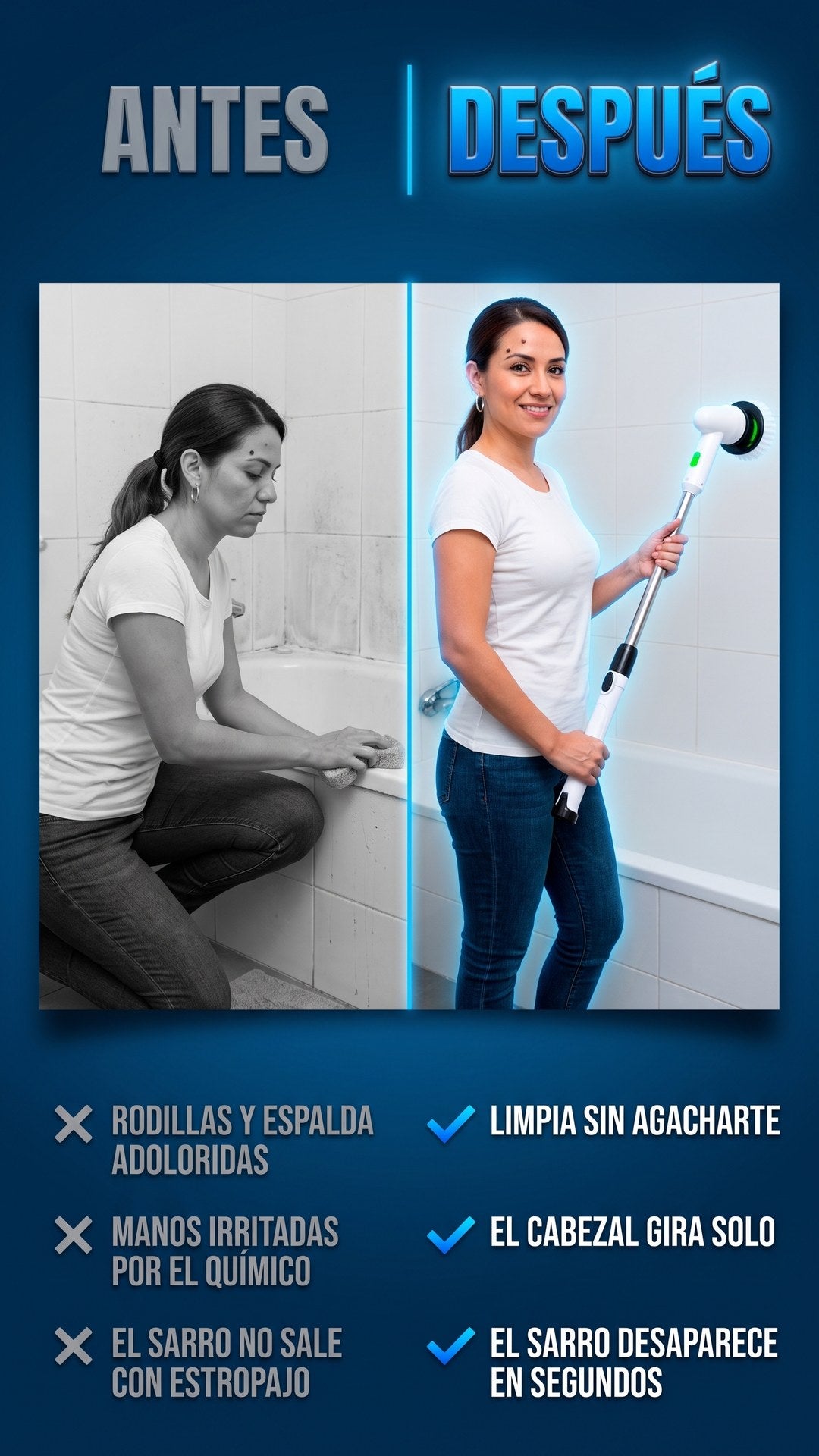 Antes y después de limpiar la tina con el cepillo eléctrico giratorio 7en1: tallar a mano versus limpieza de pie sin esfuerzo